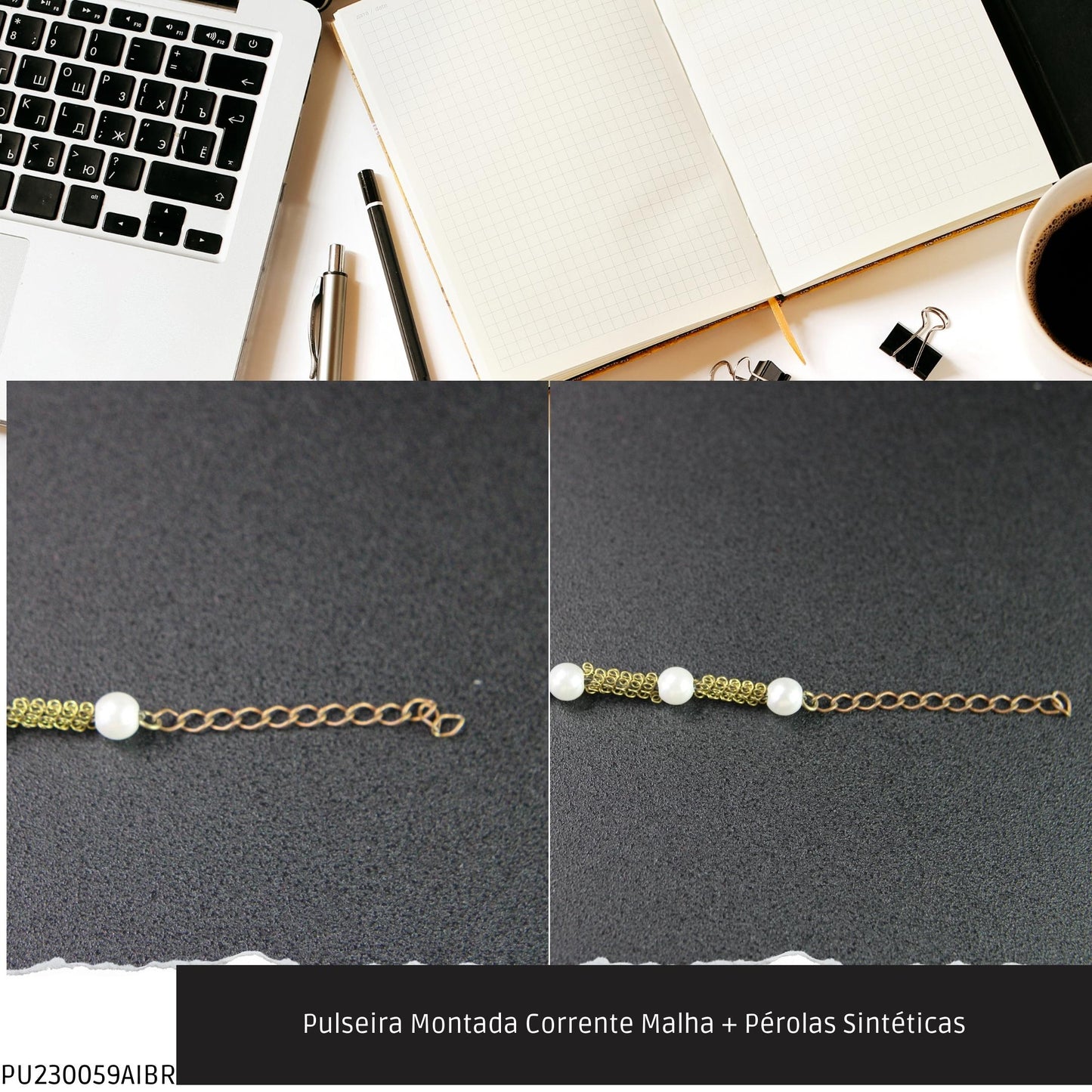 Pulseira Montada Corrente Malha + Pérolas Sintéticas  - Código.: PU230059AIBR  - Peso.: 3.6 gr