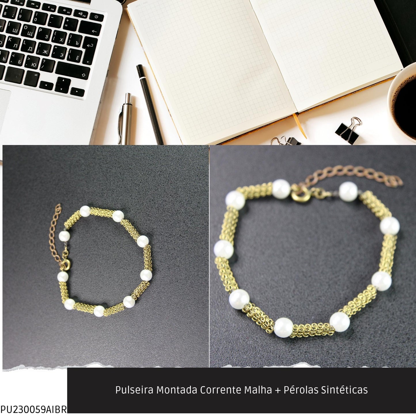 Pulseira Montada Corrente Malha + Pérolas Sintéticas  - Código.: PU230059AIBR  - Peso.: 3.6 gr