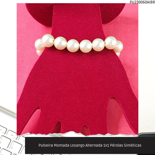 Pulseira Montada Losango Alternada 1x1 Pérolas Sintéticas  - Código.: PU230060AIBR  - Peso.: 19.5 gr