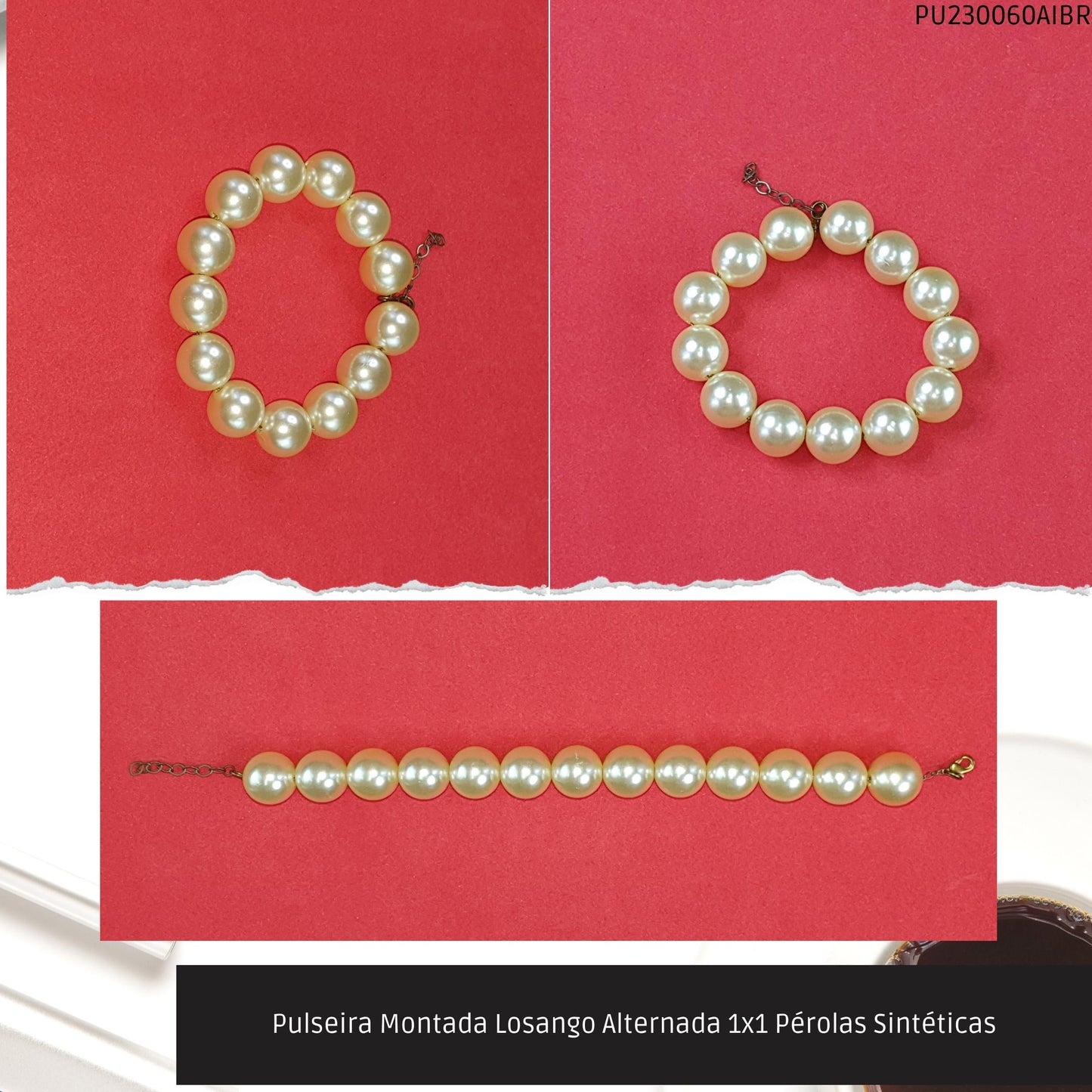 Pulseira Montada Losango Alternada 1x1 Pérolas Sintéticas  - Código.: PU230060AIBR  - Peso.: 19.5 gr