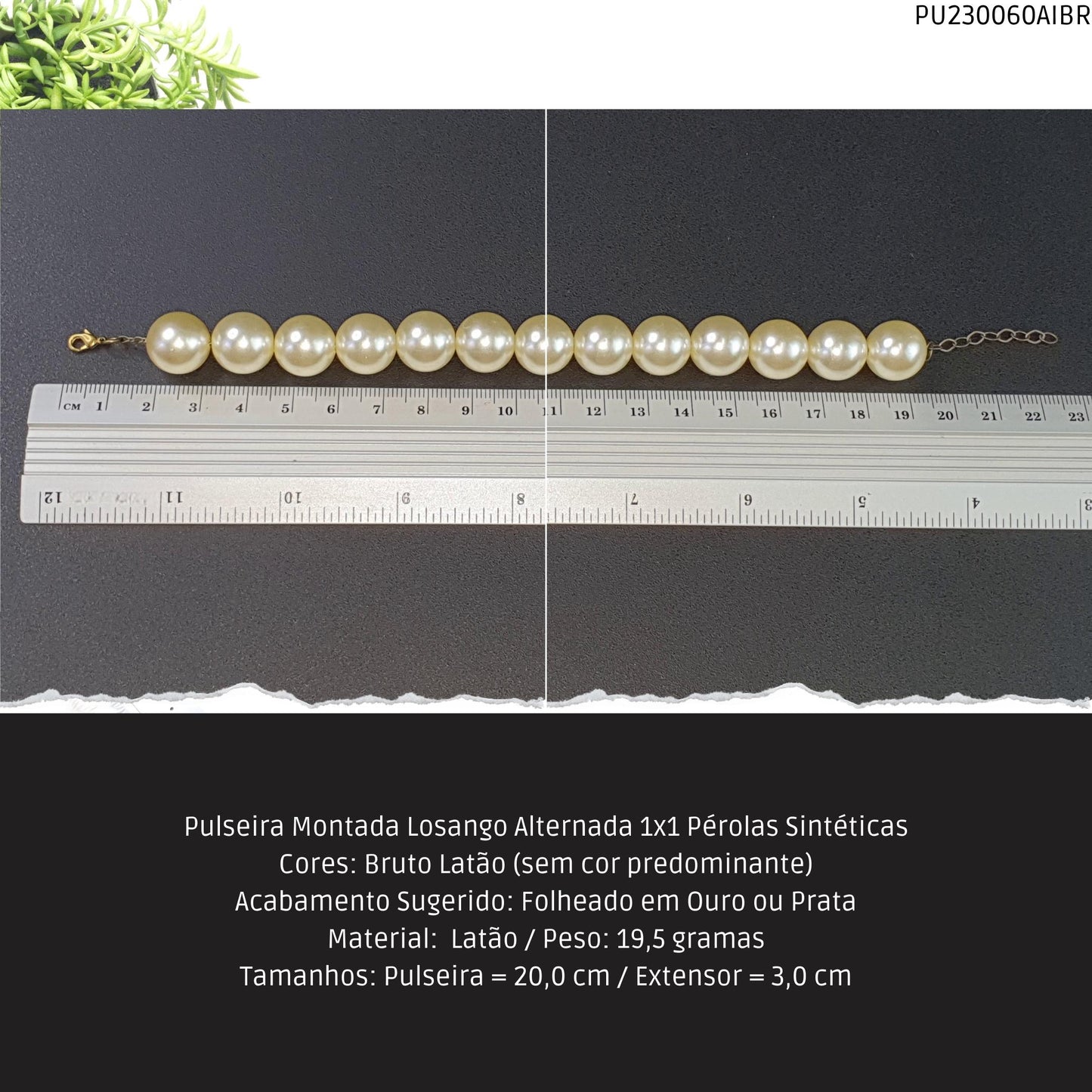 Pulseira Montada Losango Alternada 1x1 Pérolas Sintéticas  - Código.: PU230060AIBR  - Peso.: 19.5 gr