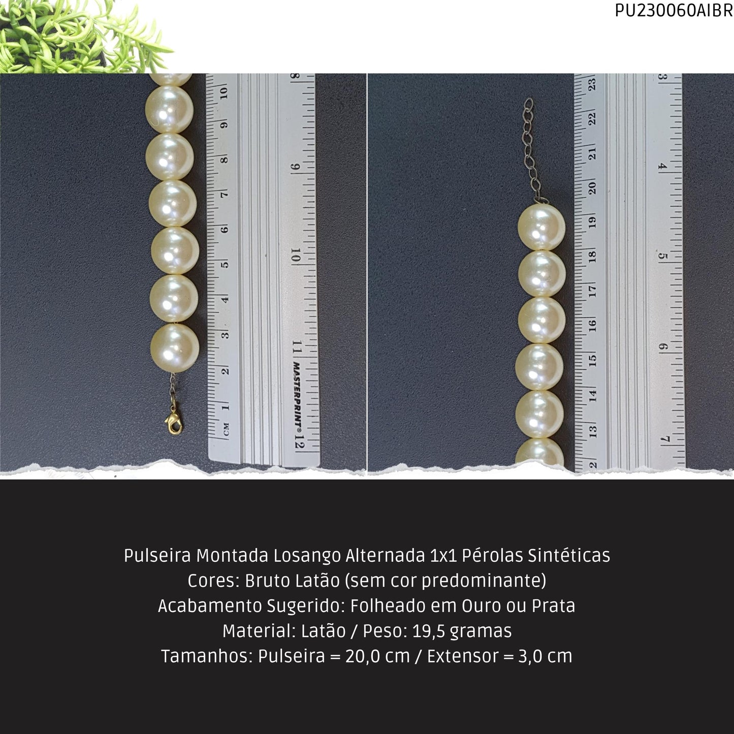 Pulseira Montada Losango Alternada 1x1 Pérolas Sintéticas  - Código.: PU230060AIBR  - Peso.: 19.5 gr