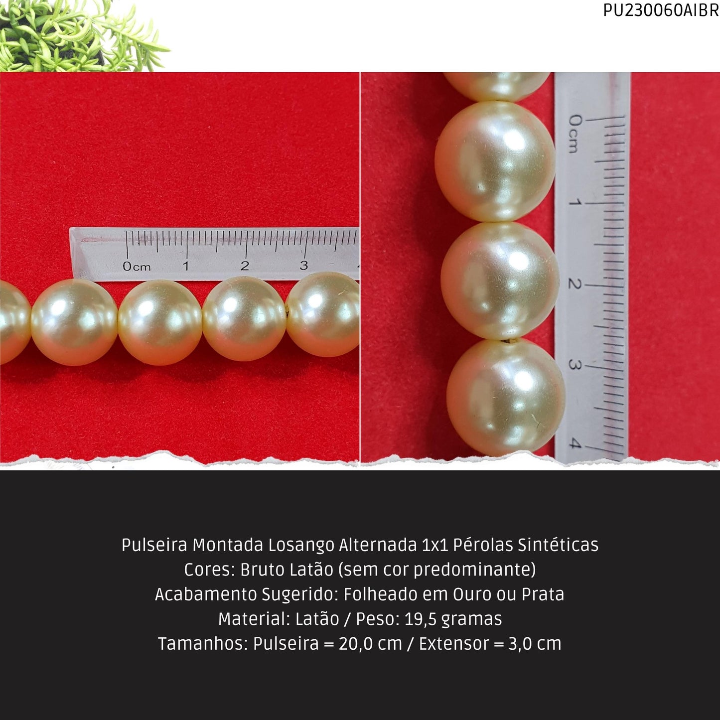Pulseira Montada Losango Alternada 1x1 Pérolas Sintéticas  - Código.: PU230060AIBR  - Peso.: 19.5 gr