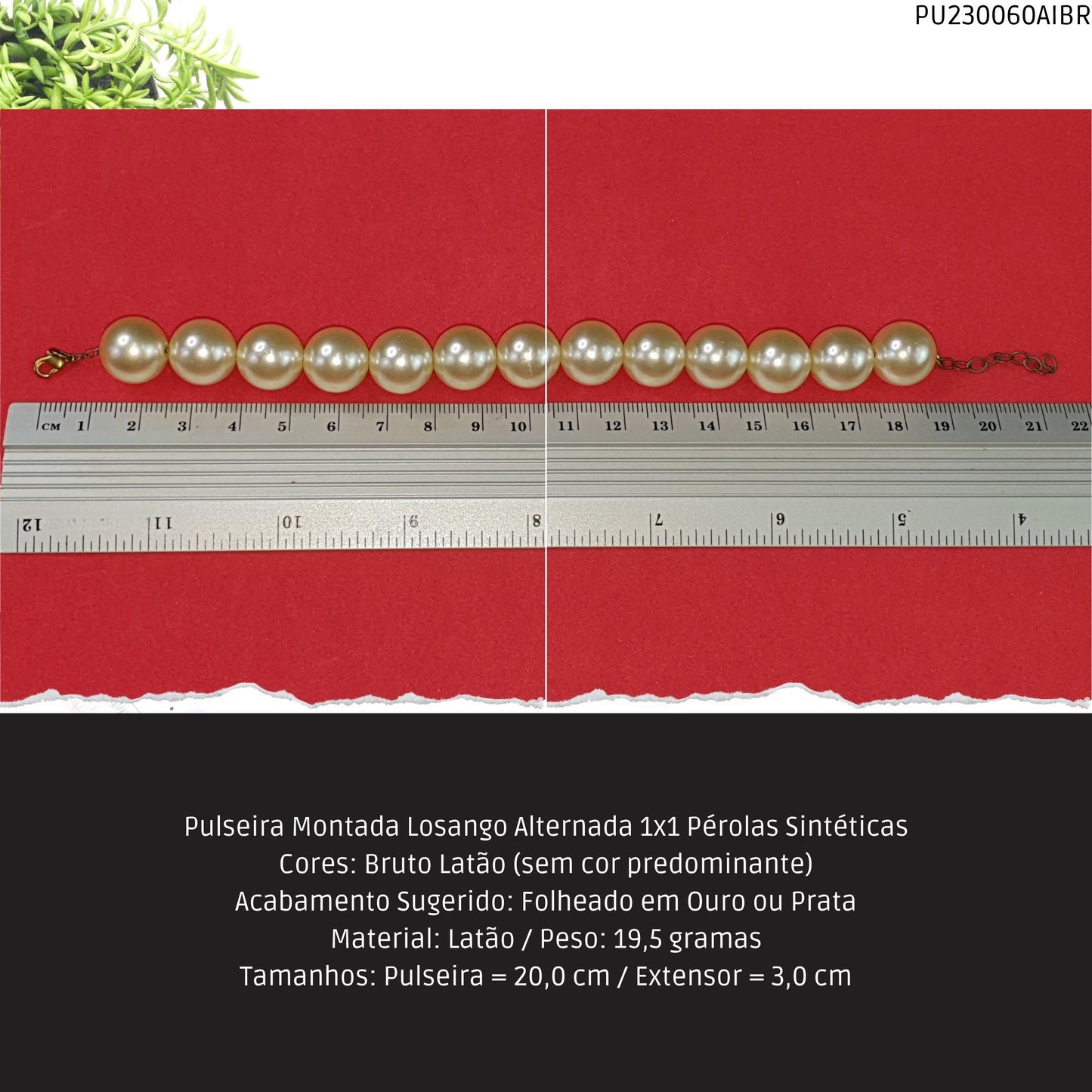 Pulseira Montada Losango Alternada 1x1 Pérolas Sintéticas  - Código.: PU230060AIBR  - Peso.: 19.5 gr