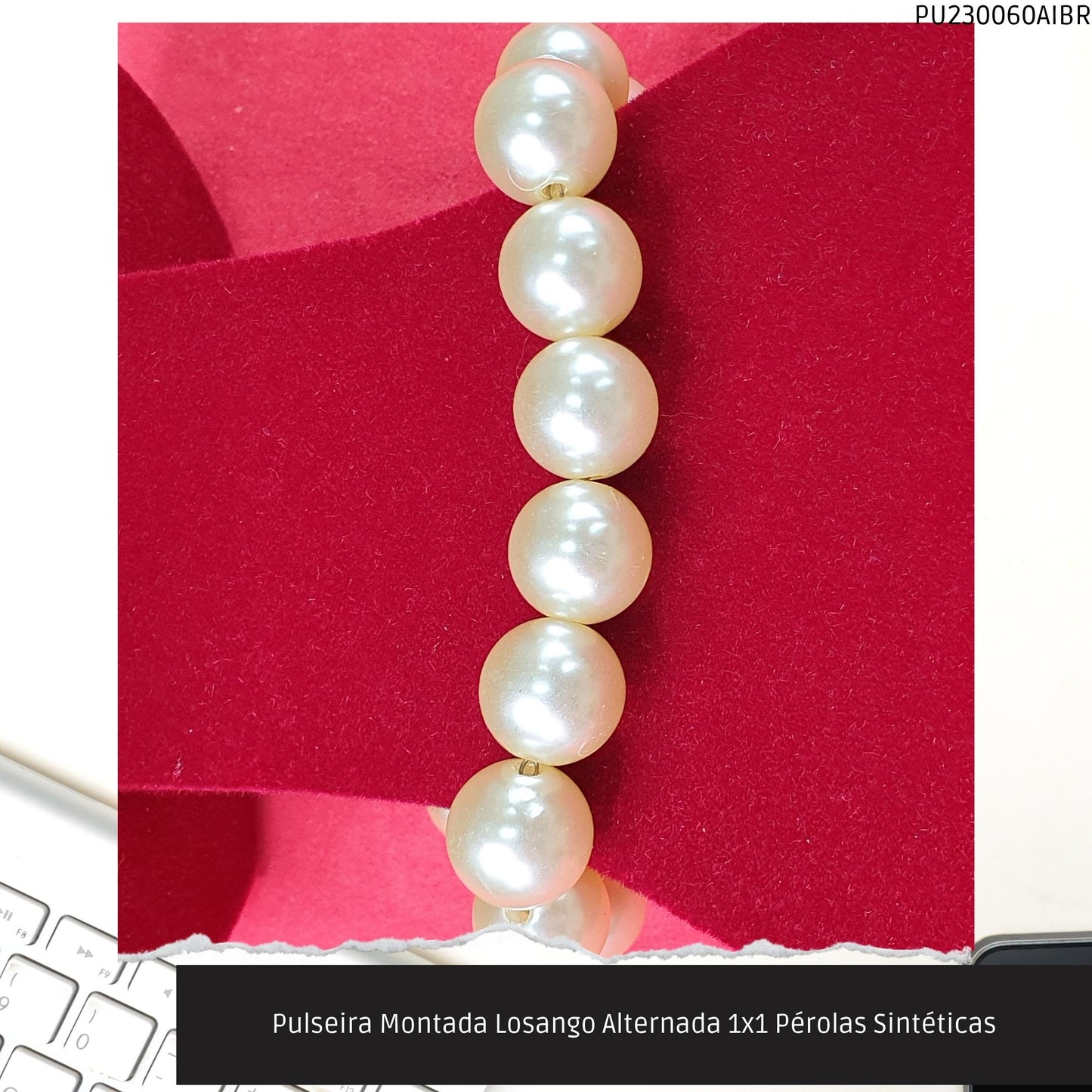 Pulseira Montada Losango Alternada 1x1 Pérolas Sintéticas  - Código.: PU230060AIBR  - Peso.: 19.5 gr