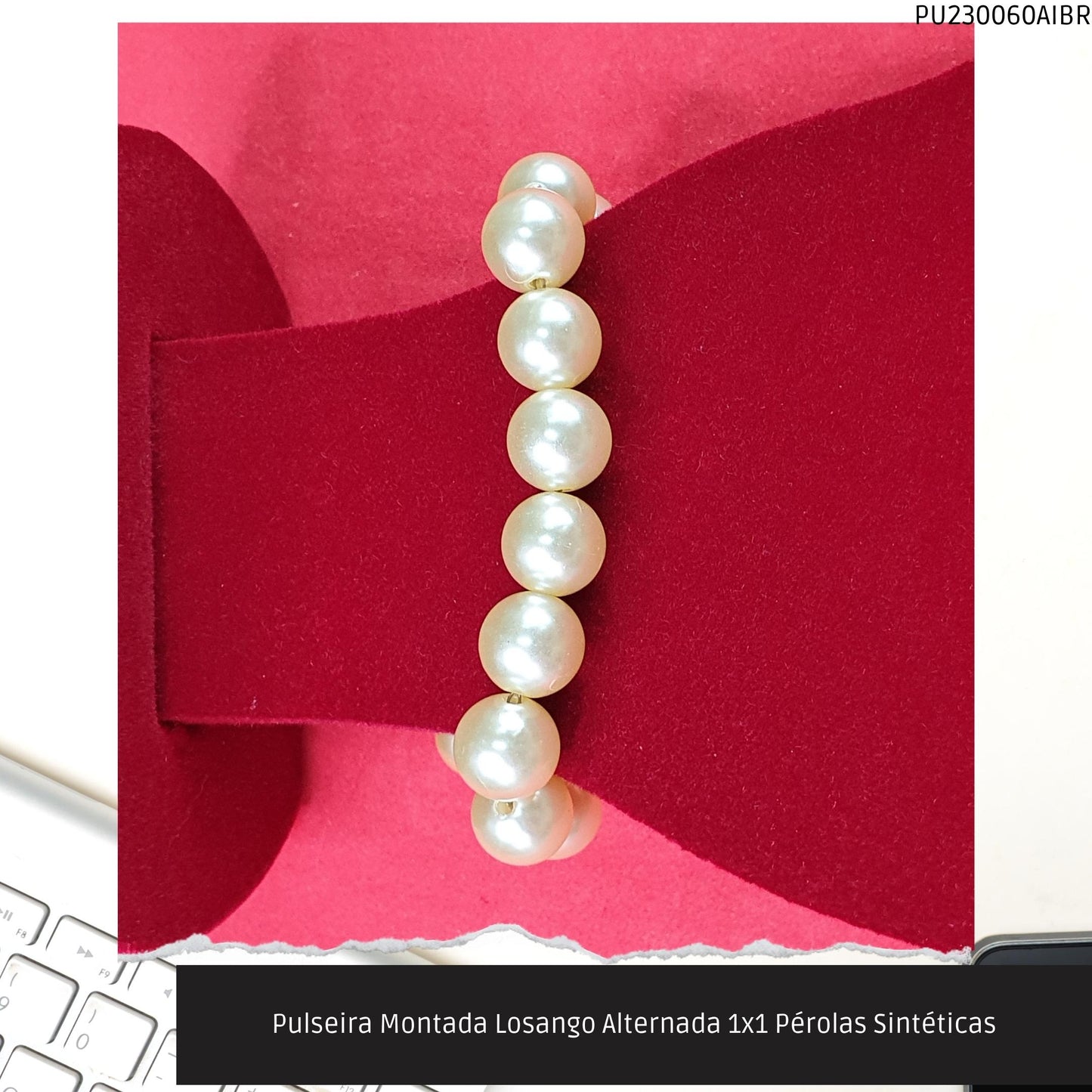 Pulseira Montada Losango Alternada 1x1 Pérolas Sintéticas  - Código.: PU230060AIBR  - Peso.: 19.5 gr
