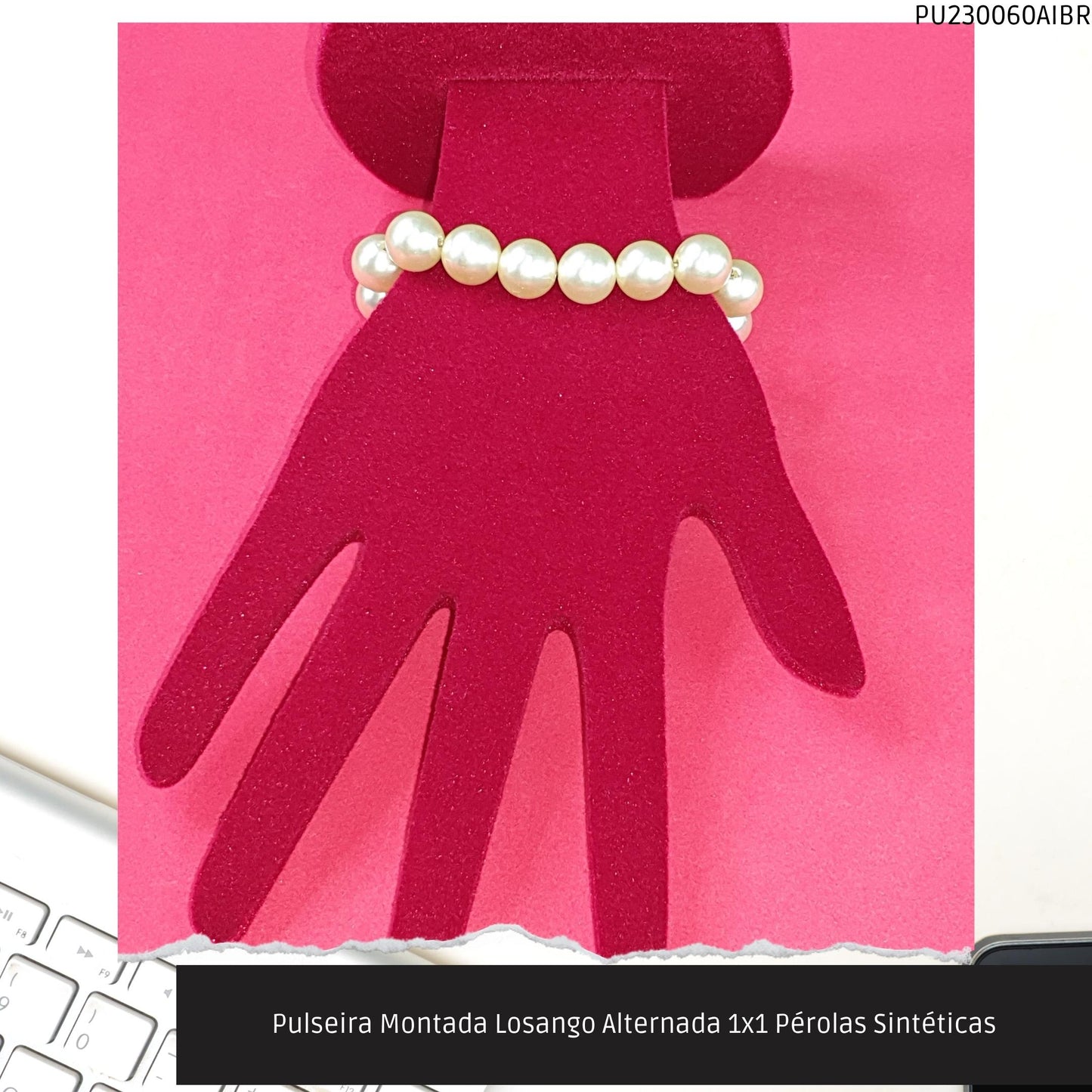 Pulseira Montada Losango Alternada 1x1 Pérolas Sintéticas  - Código.: PU230060AIBR  - Peso.: 19.5 gr