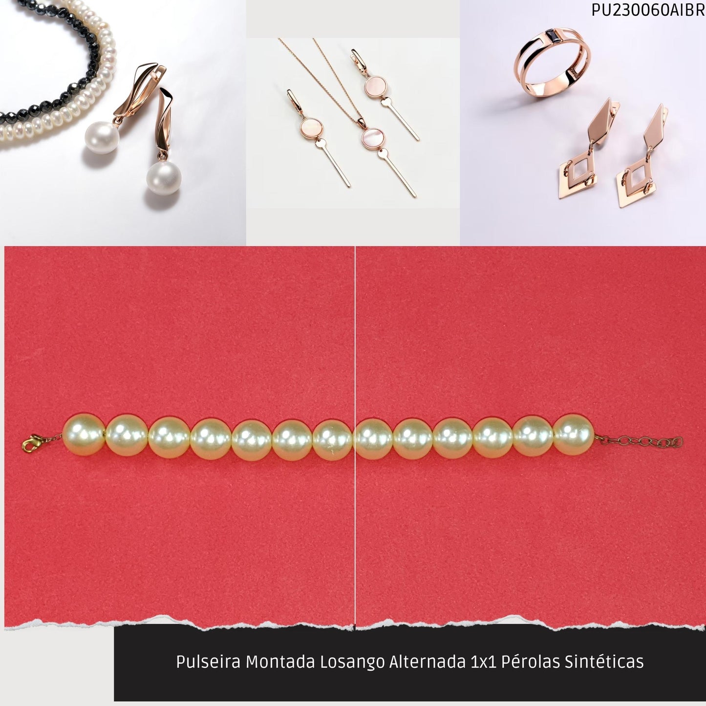 Pulseira Montada Losango Alternada 1x1 Pérolas Sintéticas  - Código.: PU230060AIBR  - Peso.: 19.5 gr