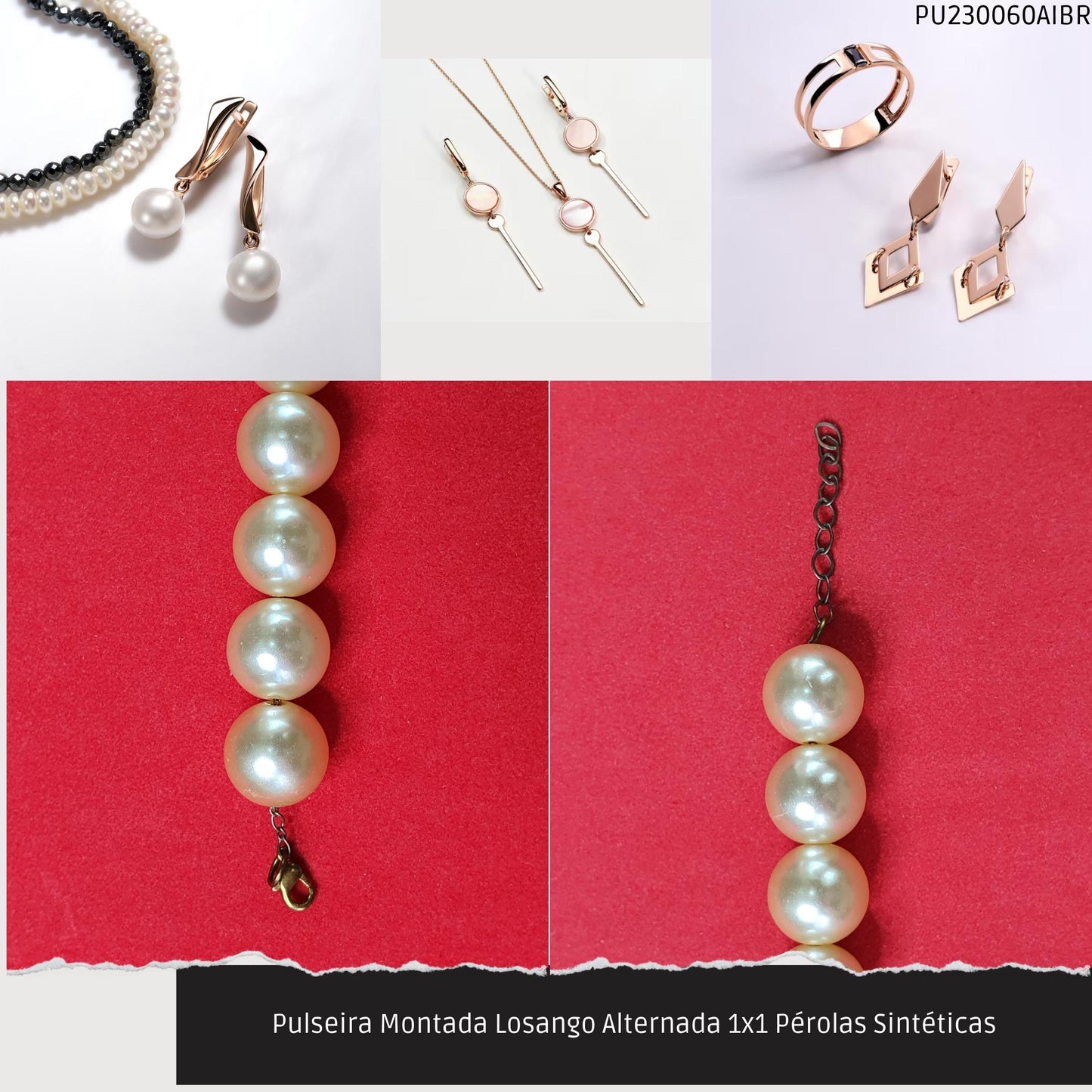 Pulseira Montada Losango Alternada 1x1 Pérolas Sintéticas  - Código.: PU230060AIBR  - Peso.: 19.5 gr