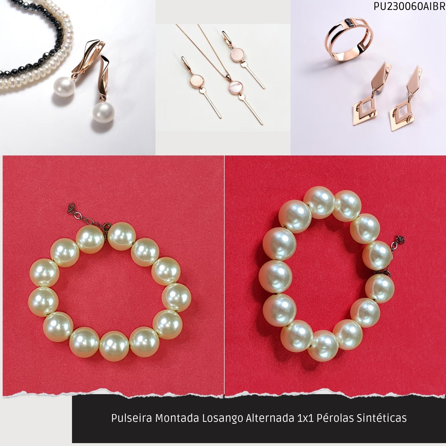 Pulseira Montada Losango Alternada 1x1 Pérolas Sintéticas  - Código.: PU230060AIBR  - Peso.: 19.5 gr