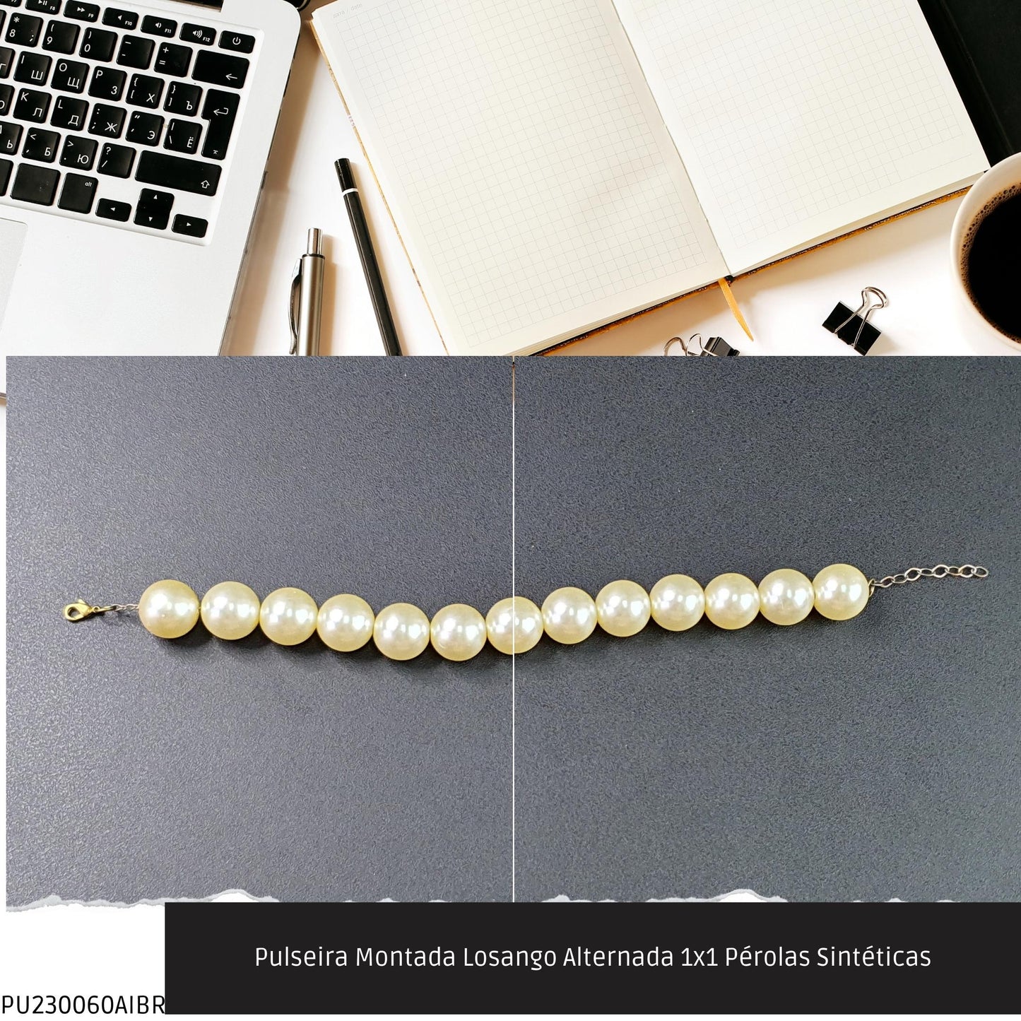 Pulseira Montada Losango Alternada 1x1 Pérolas Sintéticas  - Código.: PU230060AIBR  - Peso.: 19.5 gr