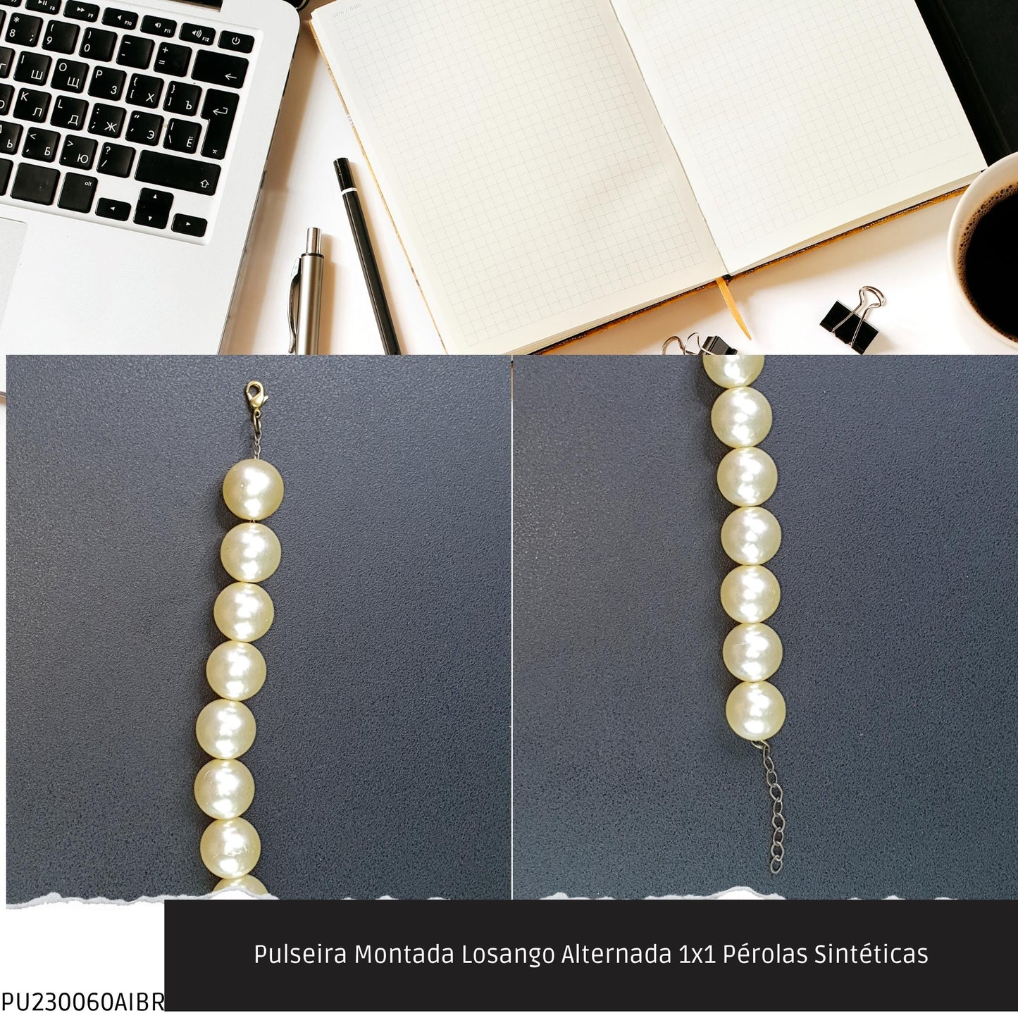 Pulseira Montada Losango Alternada 1x1 Pérolas Sintéticas  - Código.: PU230060AIBR  - Peso.: 19.5 gr
