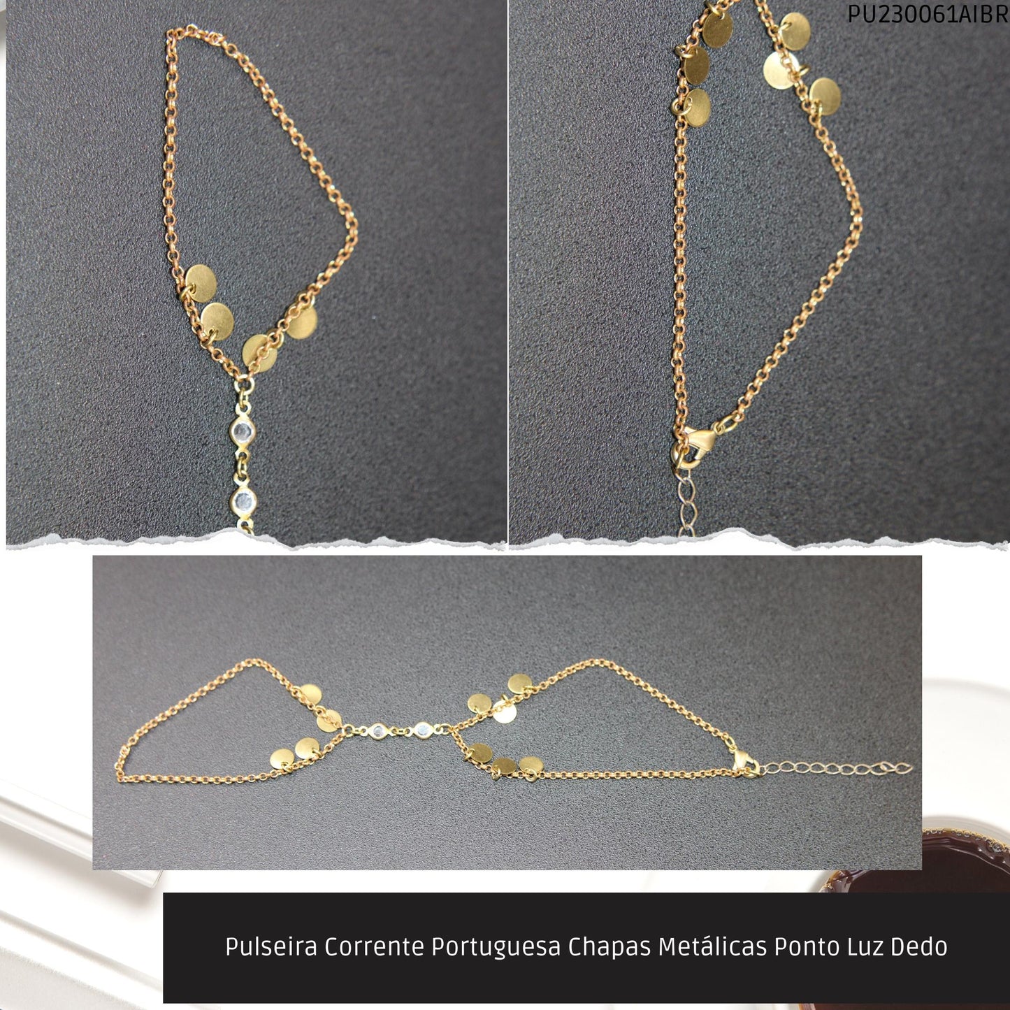 Pulseira Corrente Portuguesa Chapas Metálicas Ponto Luz Dedo  - Código.: PU230061AIBR  - Peso.: 4.2 gr