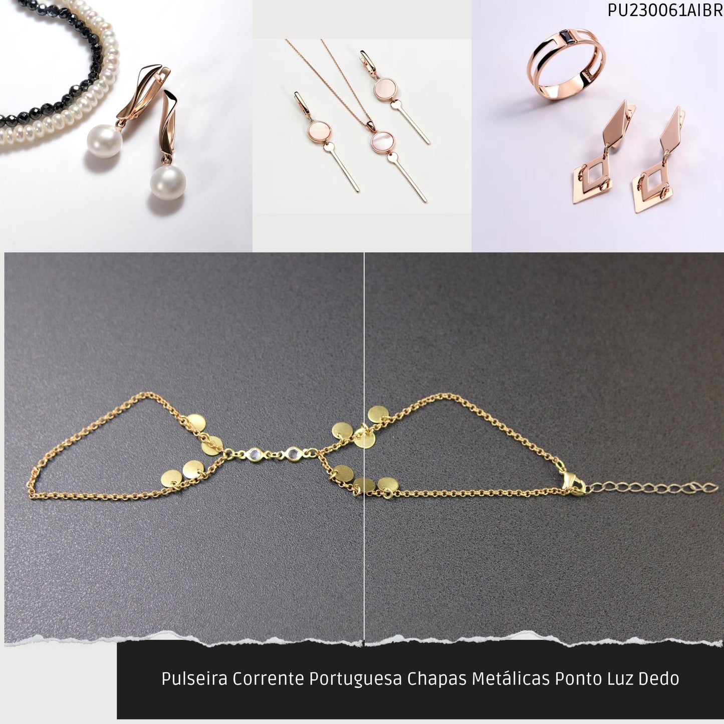 Pulseira Corrente Portuguesa Chapas Metálicas Ponto Luz Dedo  - Código.: PU230061AIBR  - Peso.: 4.2 gr