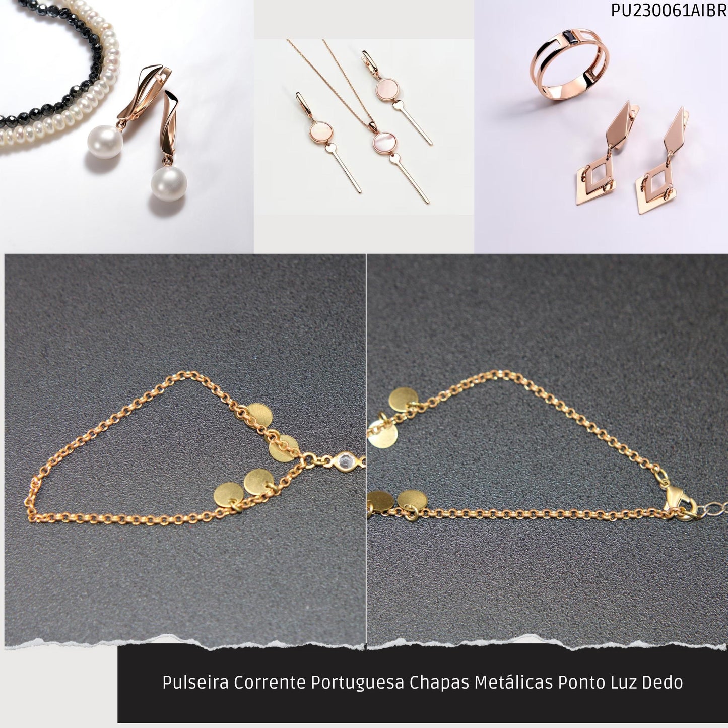 Pulseira Corrente Portuguesa Chapas Metálicas Ponto Luz Dedo  - Código.: PU230061AIBR  - Peso.: 4.2 gr
