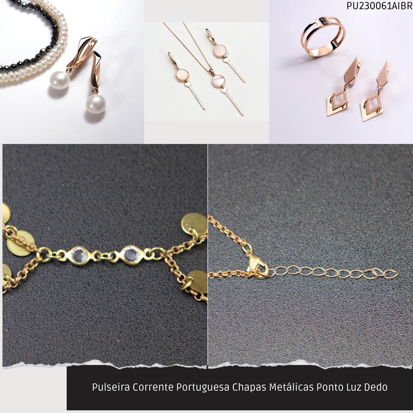 Pulseira Corrente Portuguesa Chapas Metálicas Ponto Luz Dedo  - Código.: PU230061AIBR  - Peso.: 4.2 gr