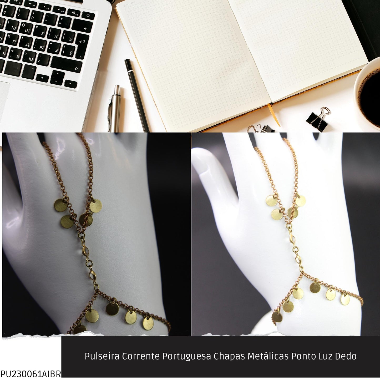 Pulseira Corrente Portuguesa Chapas Metálicas Ponto Luz Dedo  - Código.: PU230061AIBR  - Peso.: 4.2 gr