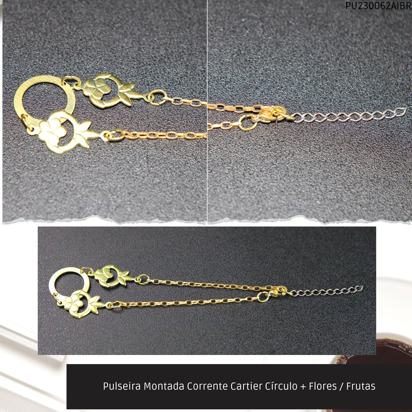 Pulseira Montada Corrente Cartier Círculo + Flores / Frutas  - Código.: PU230062AIBR  - Peso.: 2.5 gr