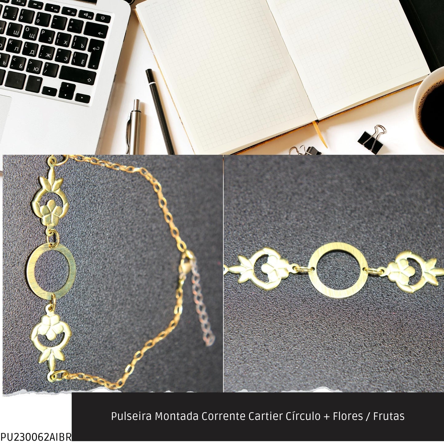 Pulseira Montada Corrente Cartier Círculo + Flores / Frutas  - Código.: PU230062AIBR  - Peso.: 2.5 gr