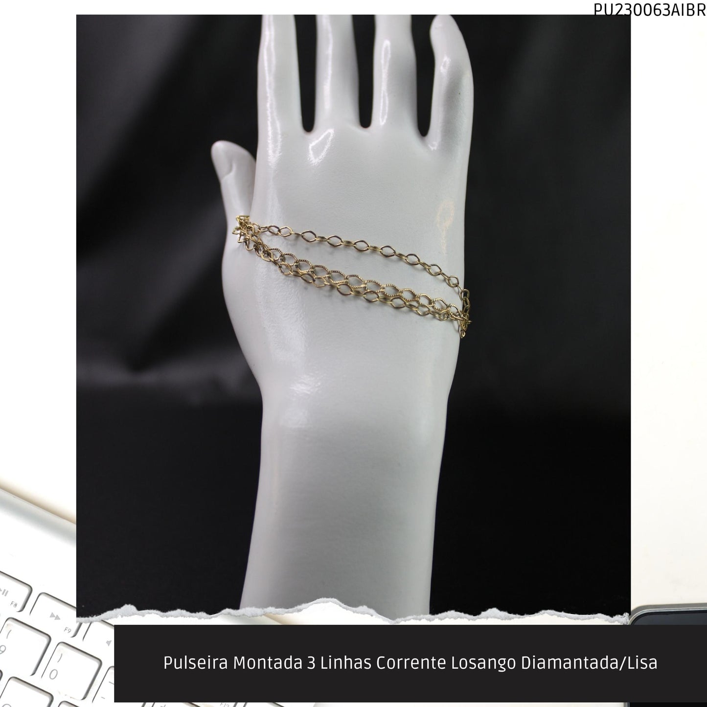 Pulseira Montada 3 Linhas Corrente Losango Diamantada/Lisa  - Código.: PU230063AIBR  - Peso.: 4.4 gr