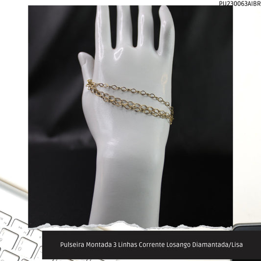 Pulseira Montada 3 Linhas Corrente Losango Diamantada/Lisa  - Código.: PU230063AIBR  - Peso.: 4.4 gr