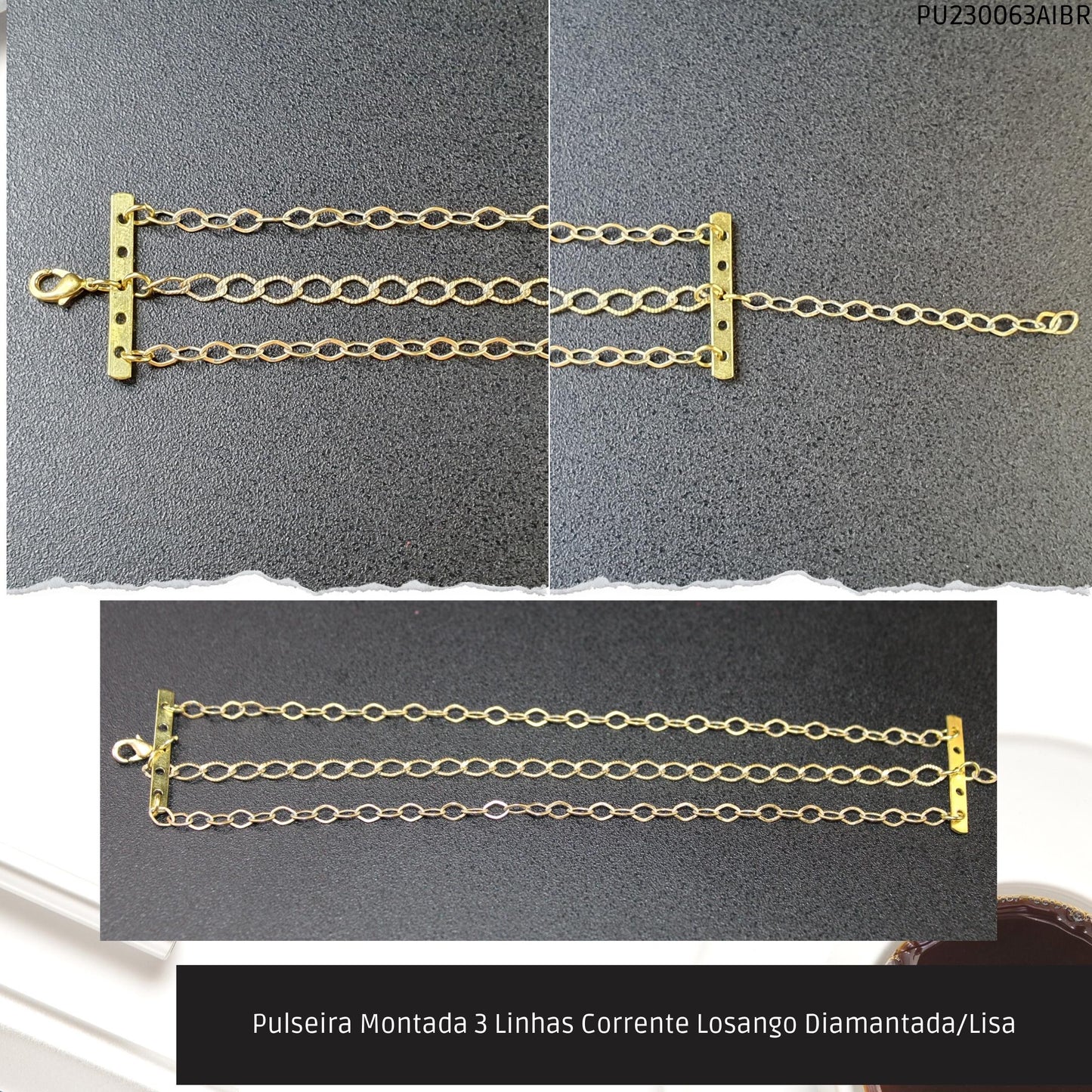 Pulseira Montada 3 Linhas Corrente Losango Diamantada/Lisa  - Código.: PU230063AIBR  - Peso.: 4.4 gr