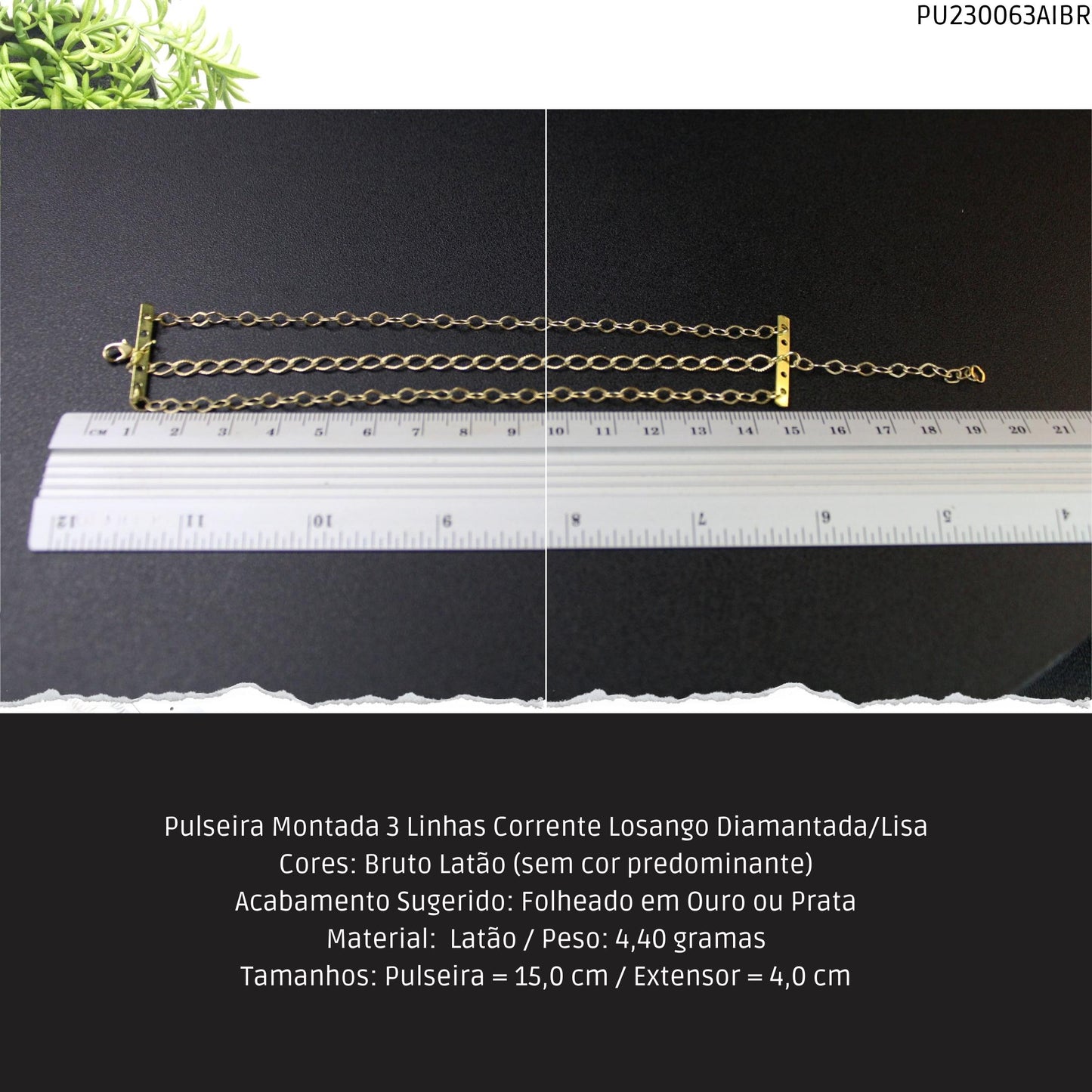 Pulseira Montada 3 Linhas Corrente Losango Diamantada/Lisa  - Código.: PU230063AIBR  - Peso.: 4.4 gr