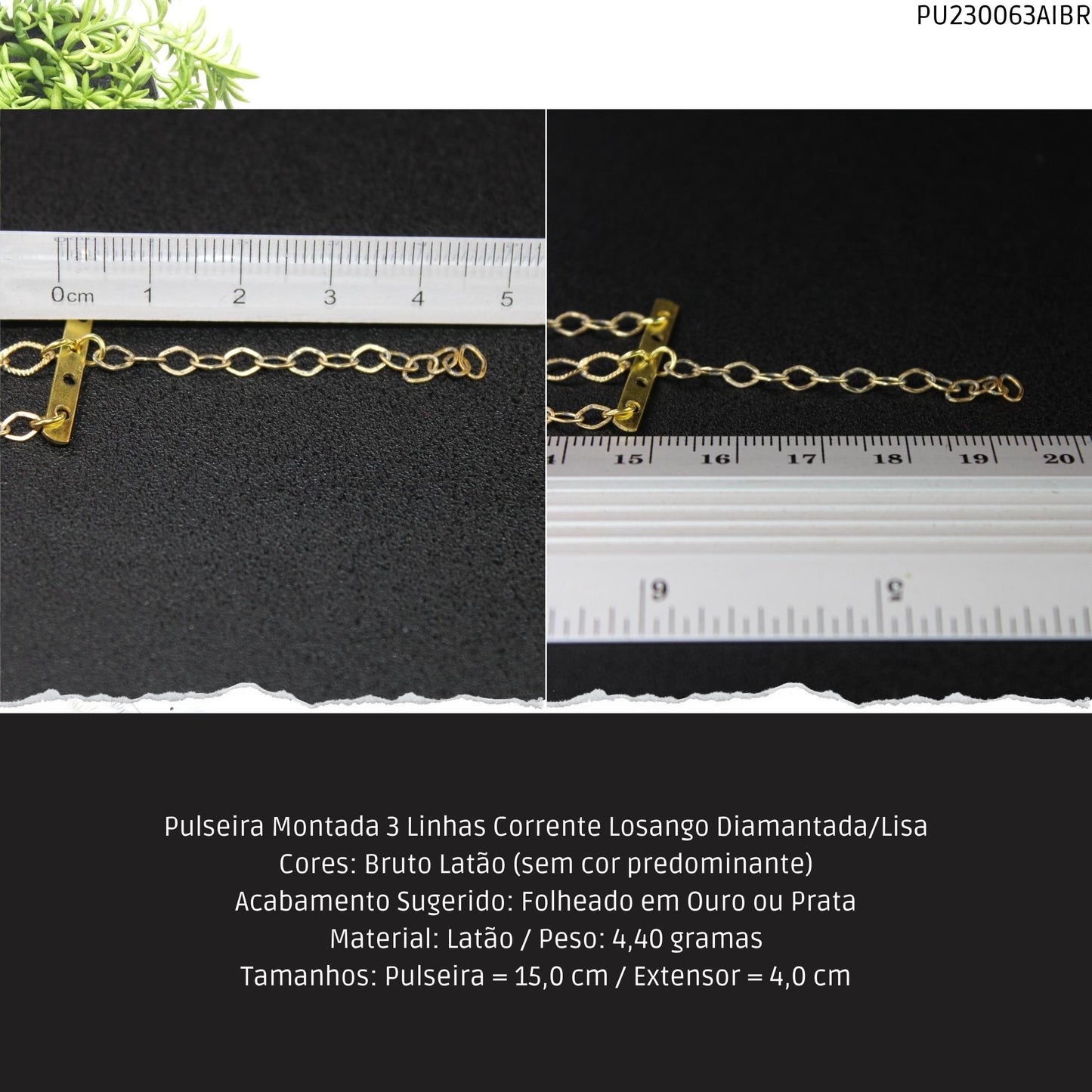 Pulseira Montada 3 Linhas Corrente Losango Diamantada/Lisa  - Código.: PU230063AIBR  - Peso.: 4.4 gr