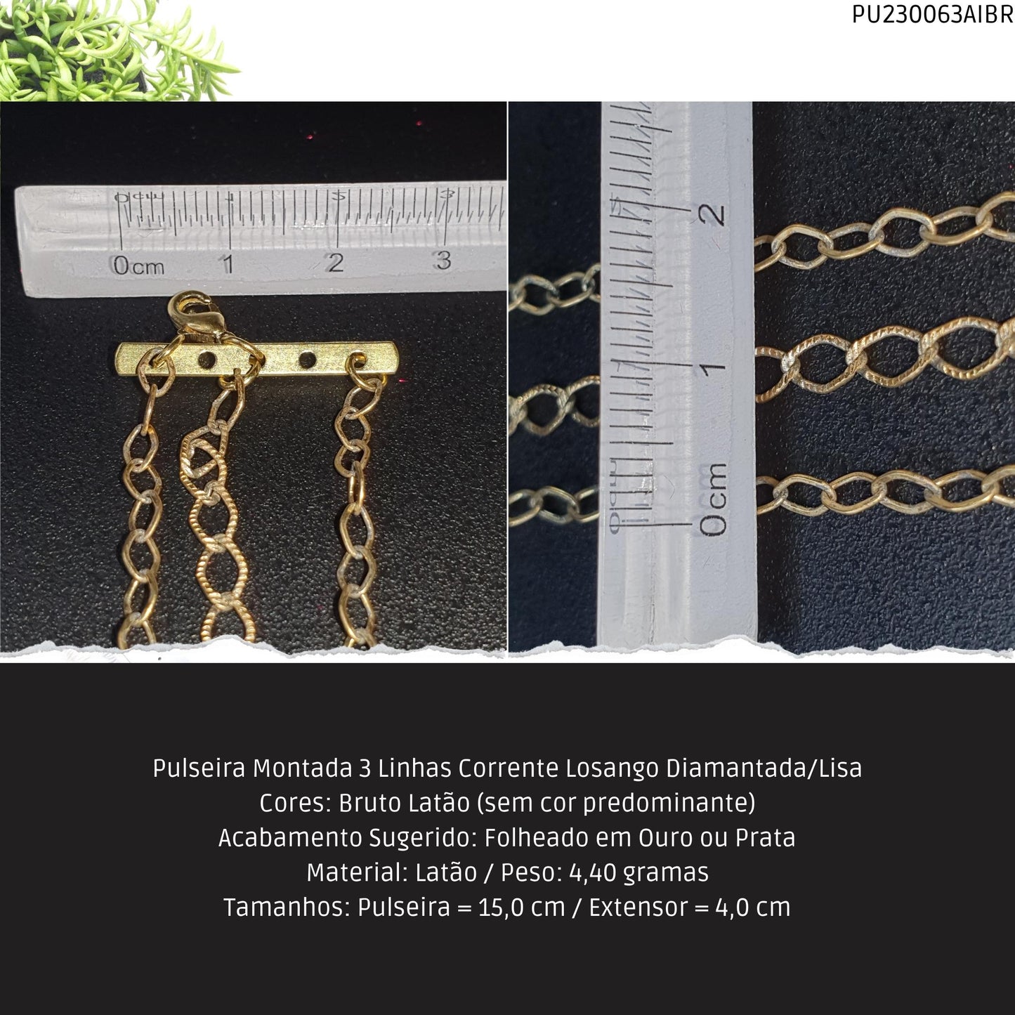 Pulseira Montada 3 Linhas Corrente Losango Diamantada/Lisa  - Código.: PU230063AIBR  - Peso.: 4.4 gr