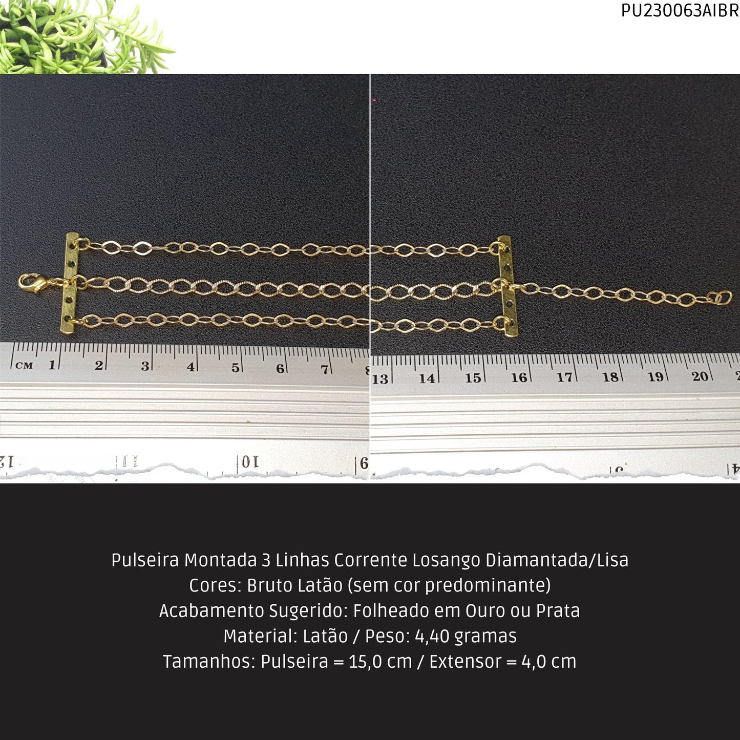Pulseira Montada 3 Linhas Corrente Losango Diamantada/Lisa  - Código.: PU230063AIBR  - Peso.: 4.4 gr