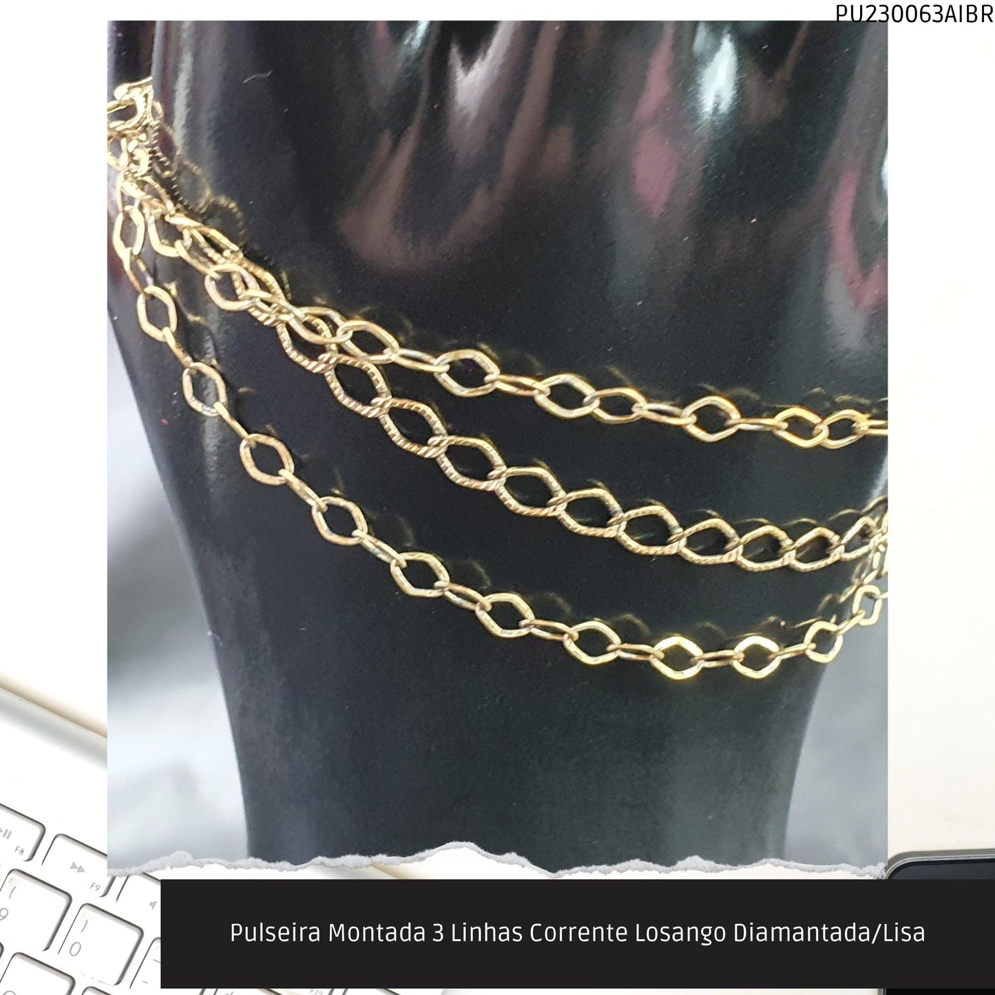 Pulseira Montada 3 Linhas Corrente Losango Diamantada/Lisa  - Código.: PU230063AIBR  - Peso.: 4.4 gr