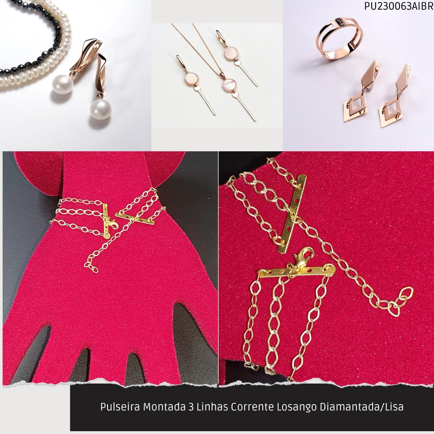 Pulseira Montada 3 Linhas Corrente Losango Diamantada/Lisa  - Código.: PU230063AIBR  - Peso.: 4.4 gr