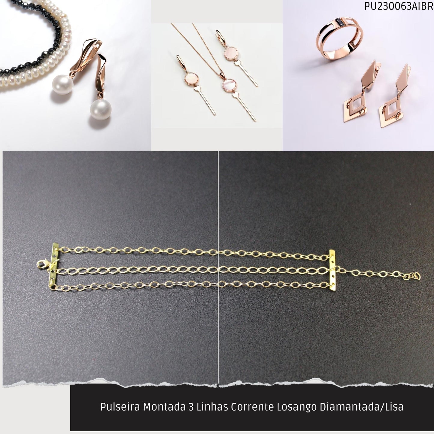 Pulseira Montada 3 Linhas Corrente Losango Diamantada/Lisa  - Código.: PU230063AIBR  - Peso.: 4.4 gr