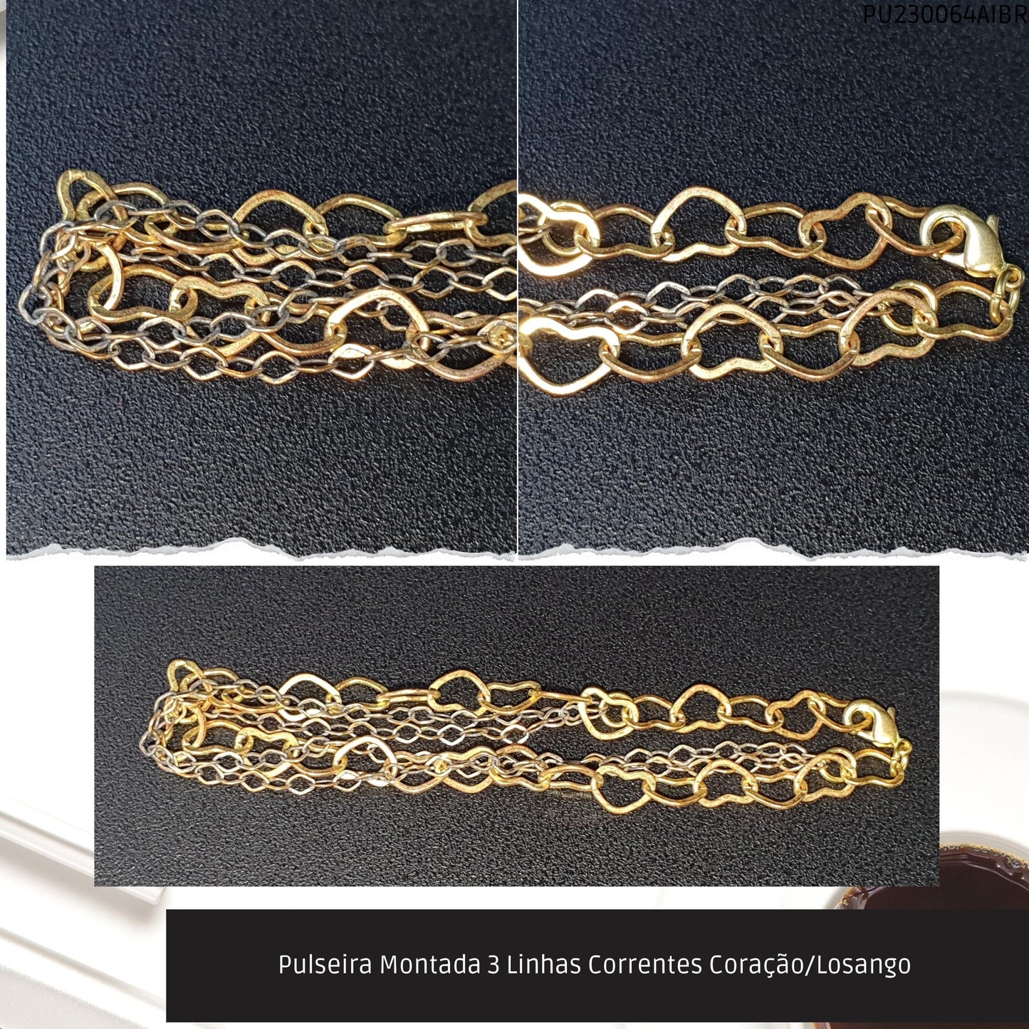 Pulseira Montada 3 Linhas Correntes Coração/Losango   - Código.: PU230064AIBR  - Peso.: 3.8 gr