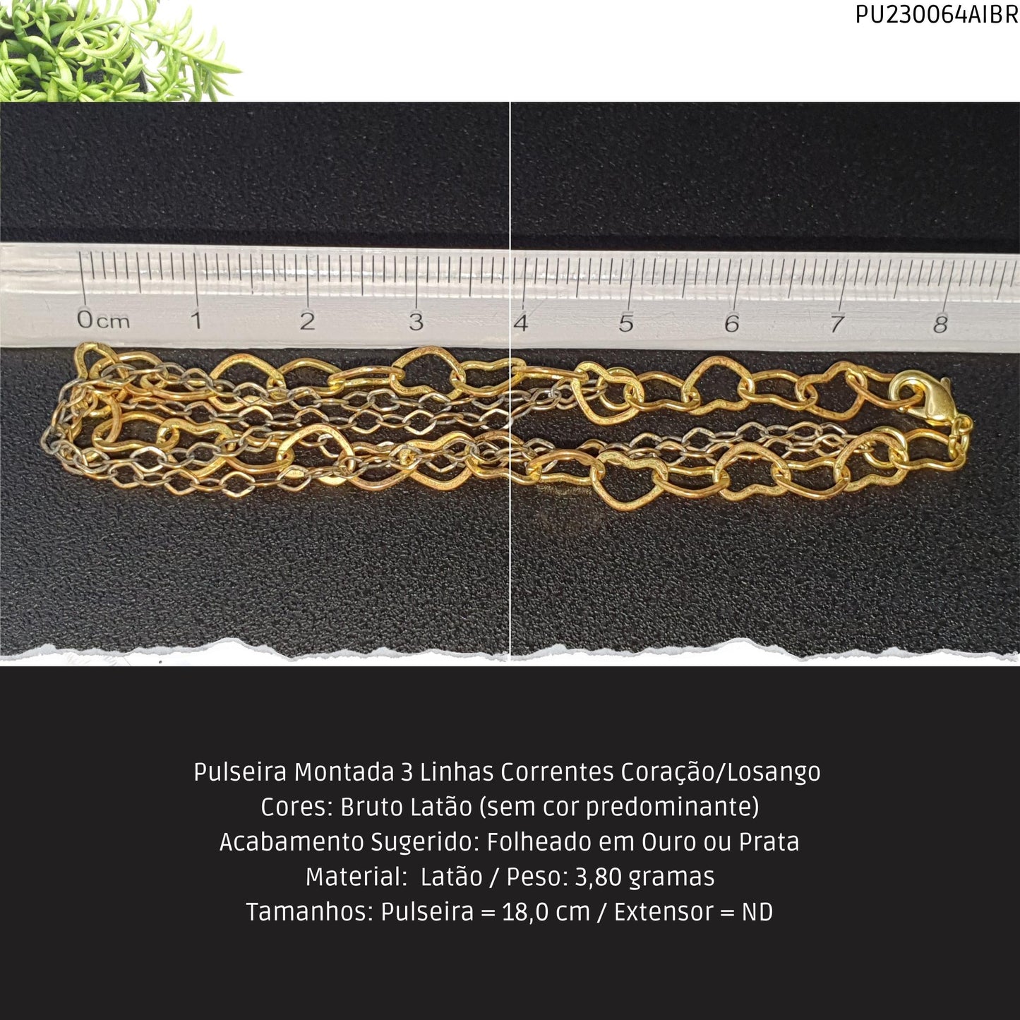 Pulseira Montada 3 Linhas Correntes Coração/Losango   - Código.: PU230064AIBR  - Peso.: 3.8 gr