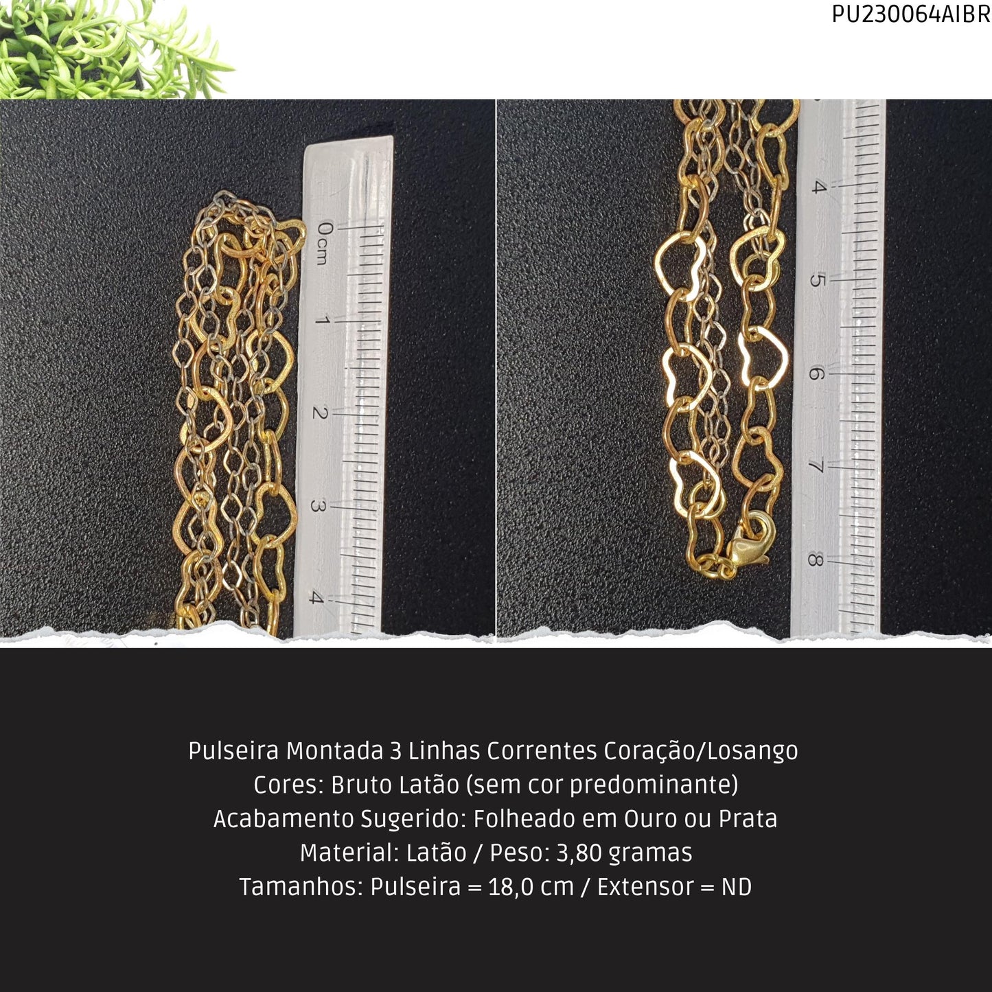 Pulseira Montada 3 Linhas Correntes Coração/Losango   - Código.: PU230064AIBR  - Peso.: 3.8 gr
