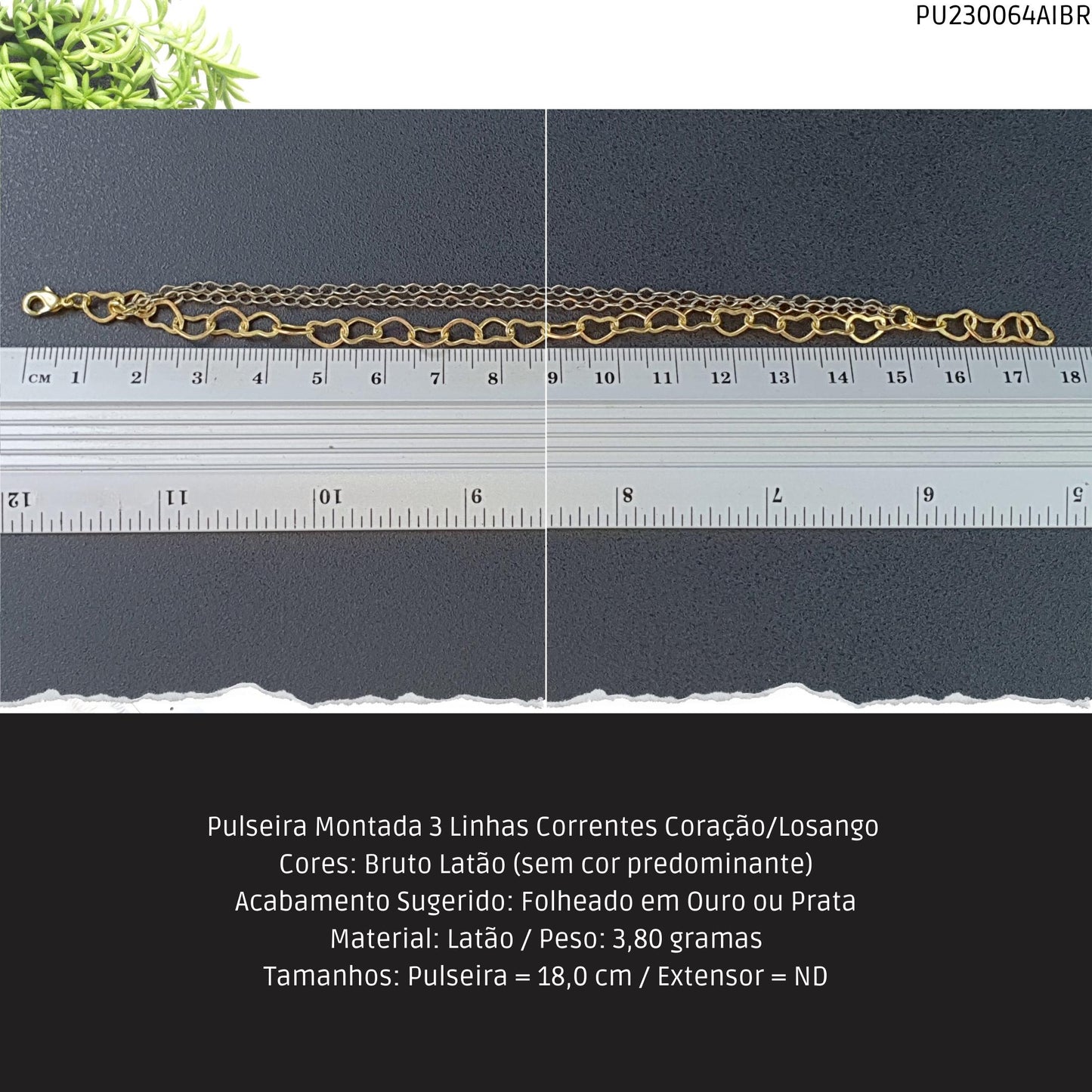 Pulseira Montada 3 Linhas Correntes Coração/Losango   - Código.: PU230064AIBR  - Peso.: 3.8 gr