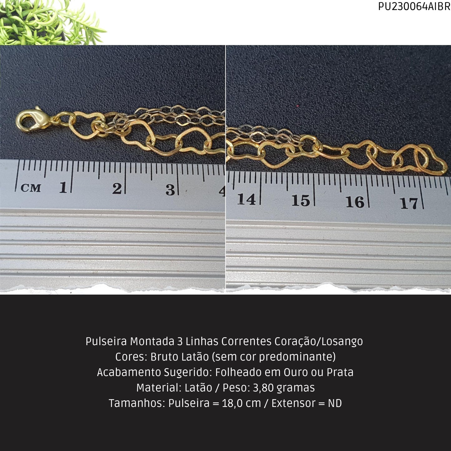 Pulseira Montada 3 Linhas Correntes Coração/Losango   - Código.: PU230064AIBR  - Peso.: 3.8 gr