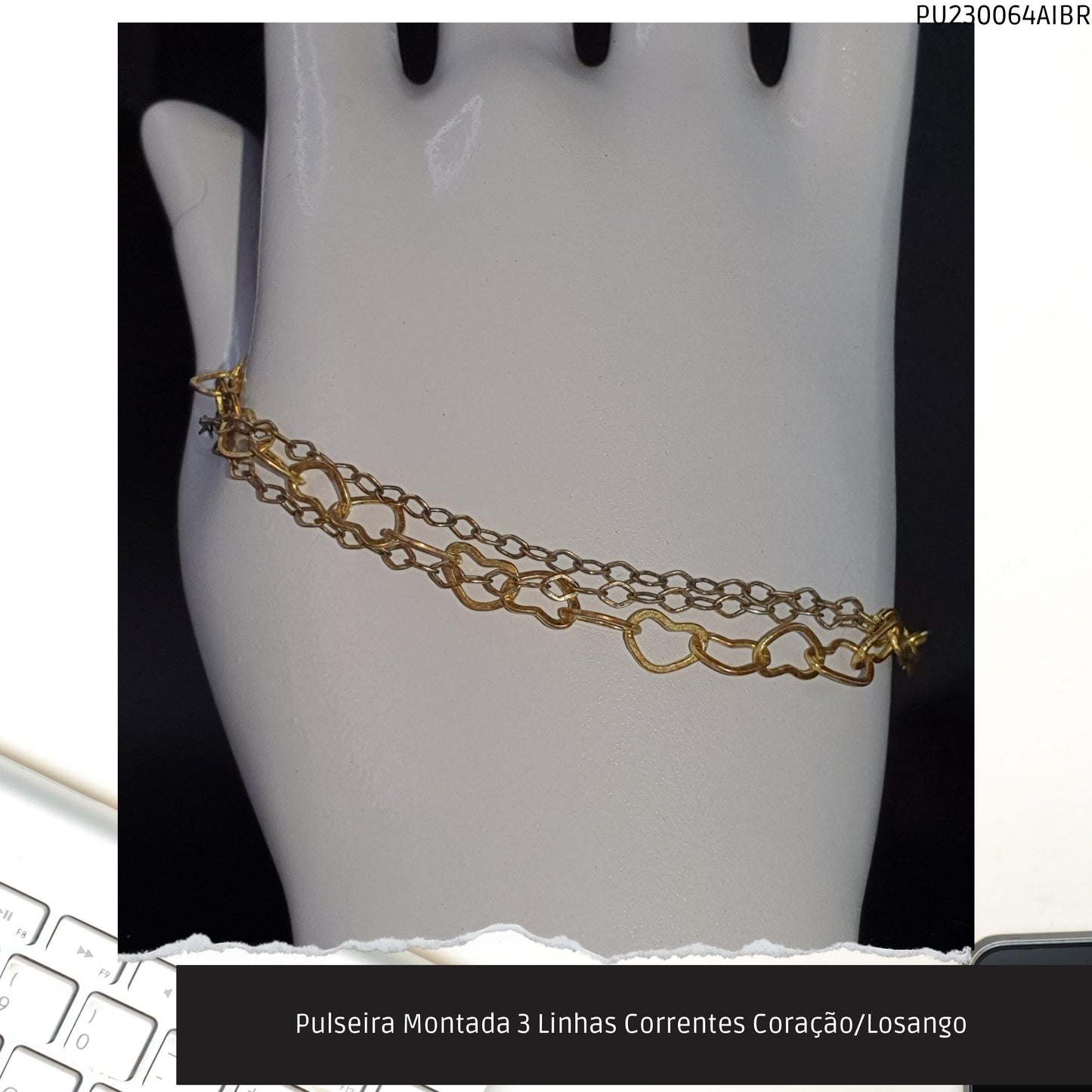 Pulseira Montada 3 Linhas Correntes Coração/Losango   - Código.: PU230064AIBR  - Peso.: 3.8 gr