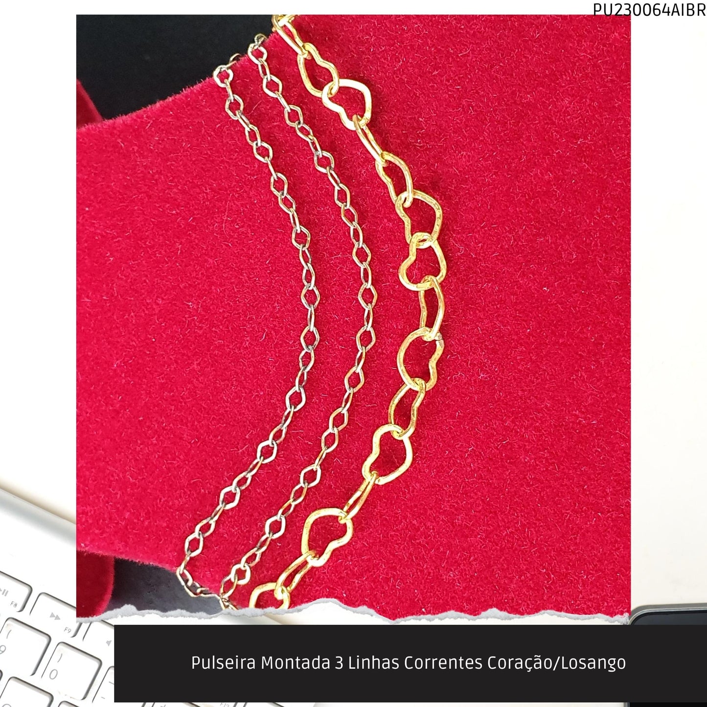 Pulseira Montada 3 Linhas Correntes Coração/Losango   - Código.: PU230064AIBR  - Peso.: 3.8 gr