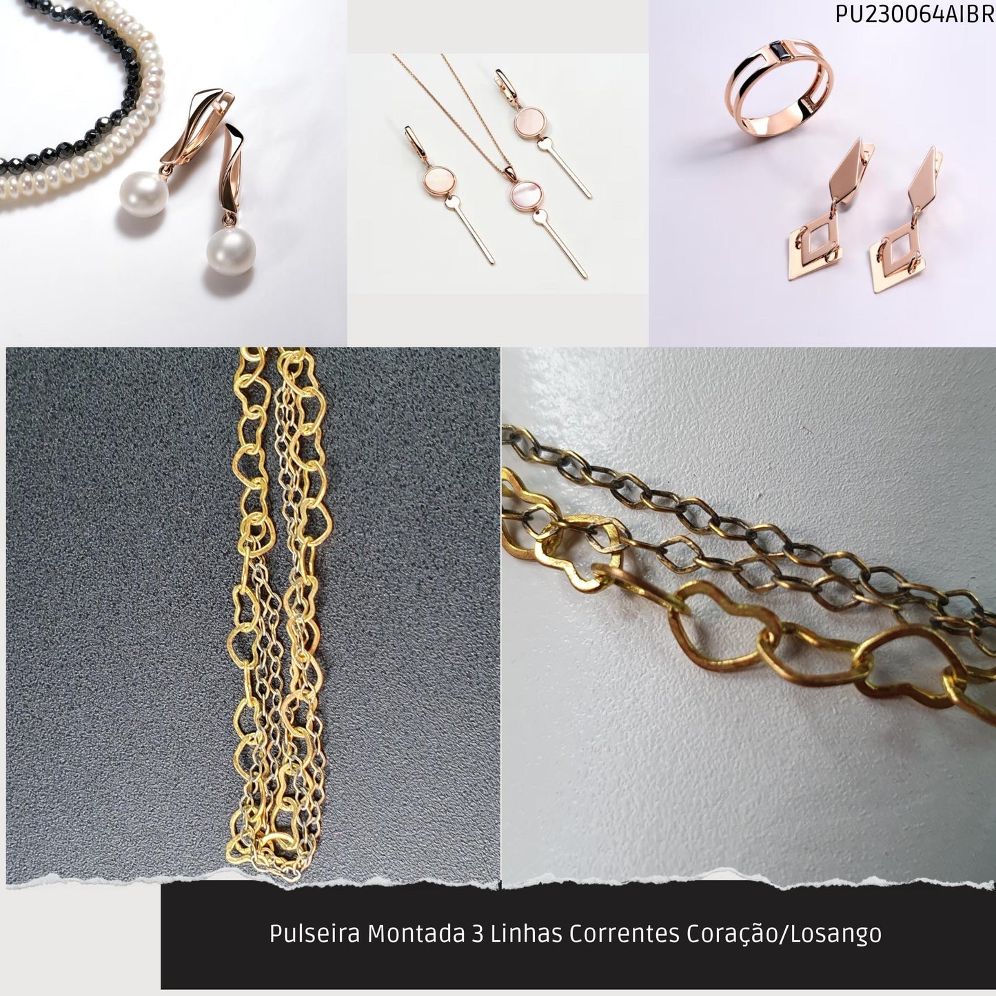 Pulseira Montada 3 Linhas Correntes Coração/Losango   - Código.: PU230064AIBR  - Peso.: 3.8 gr
