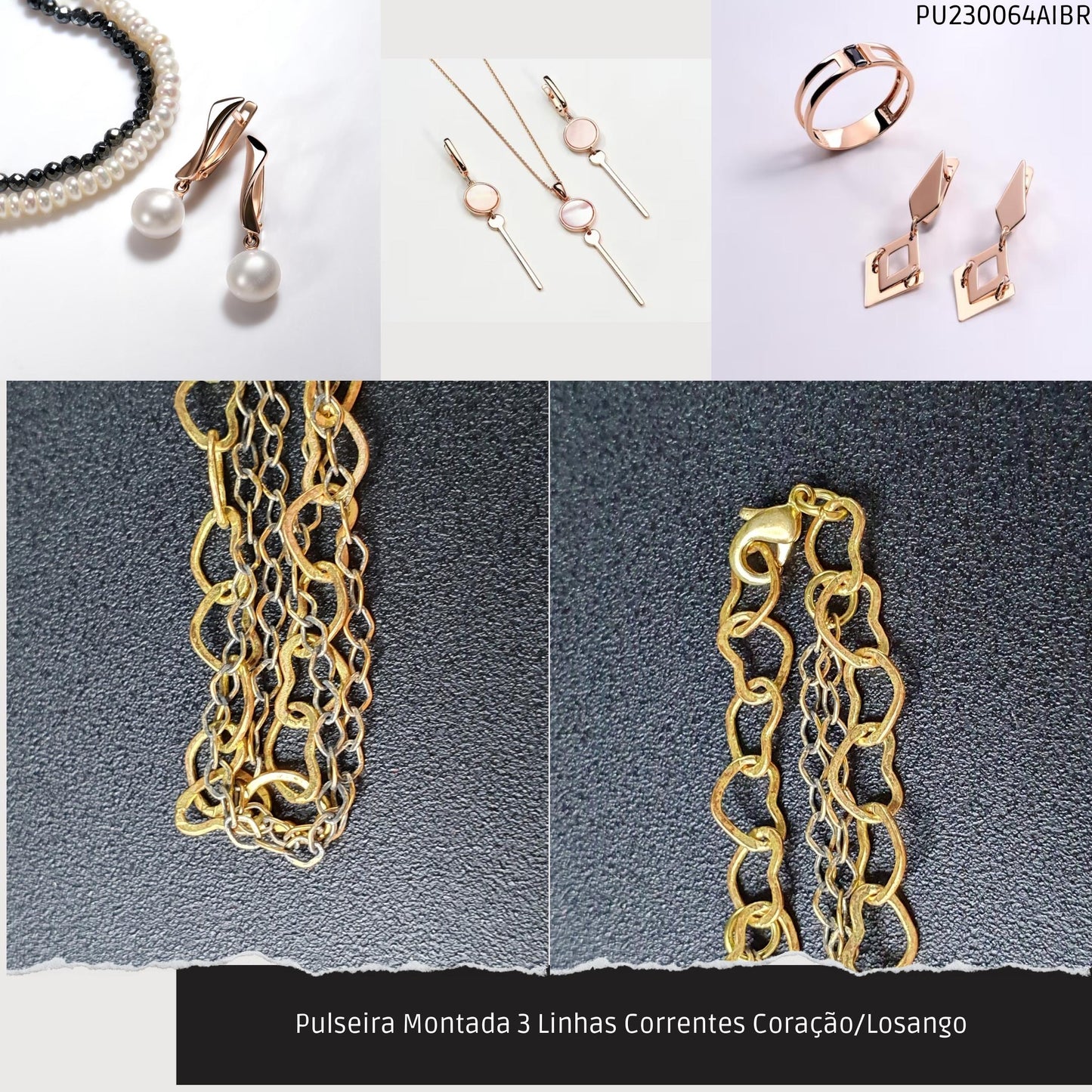 Pulseira Montada 3 Linhas Correntes Coração/Losango   - Código.: PU230064AIBR  - Peso.: 3.8 gr