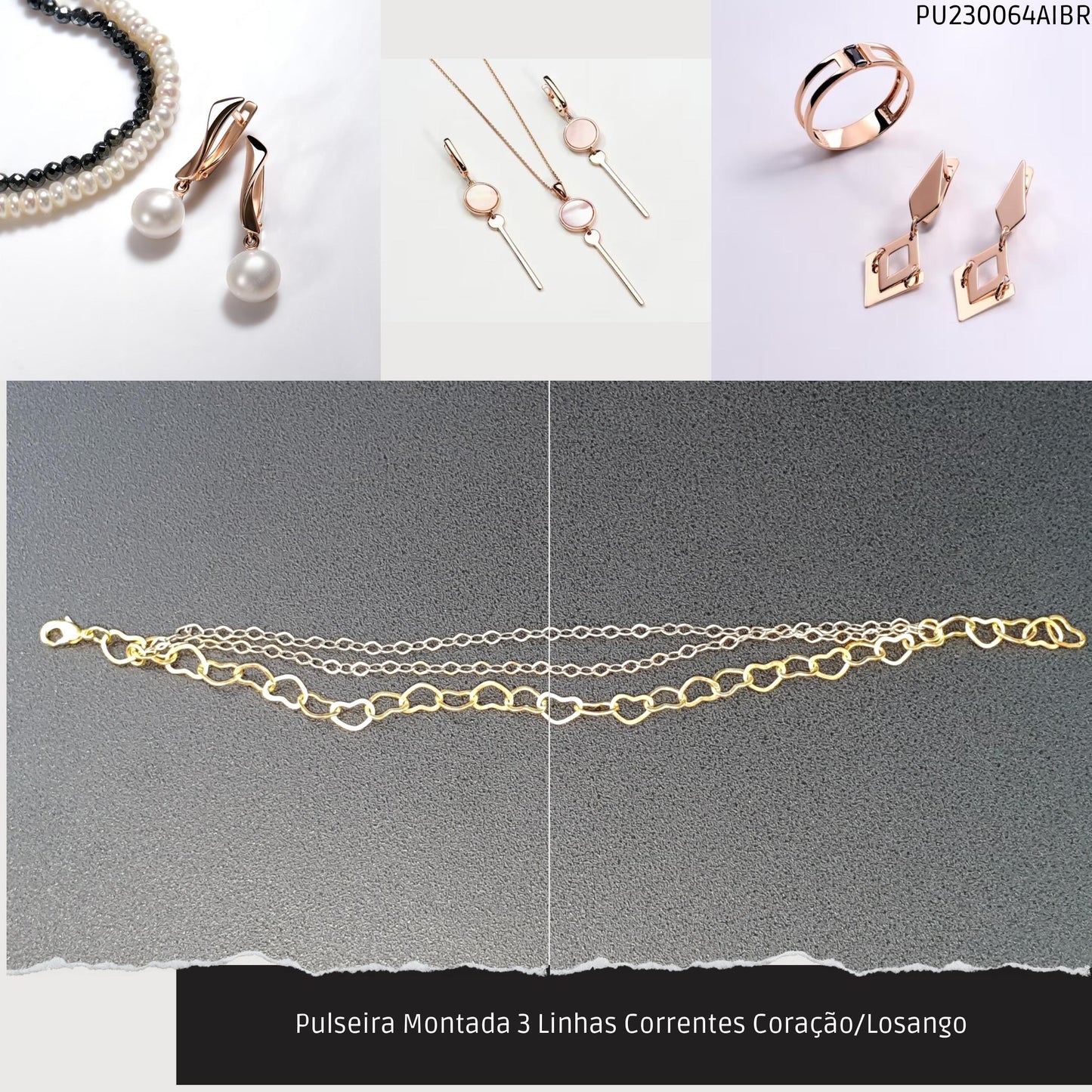 Pulseira Montada 3 Linhas Correntes Coração/Losango   - Código.: PU230064AIBR  - Peso.: 3.8 gr