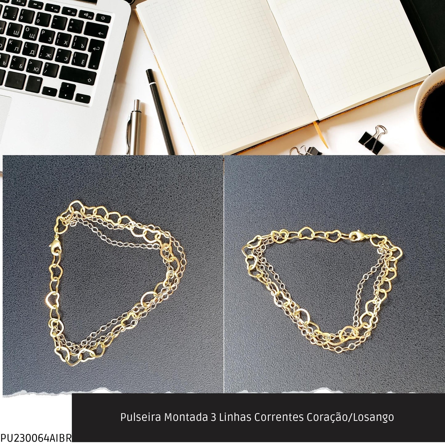 Pulseira Montada 3 Linhas Correntes Coração/Losango   - Código.: PU230064AIBR  - Peso.: 3.8 gr