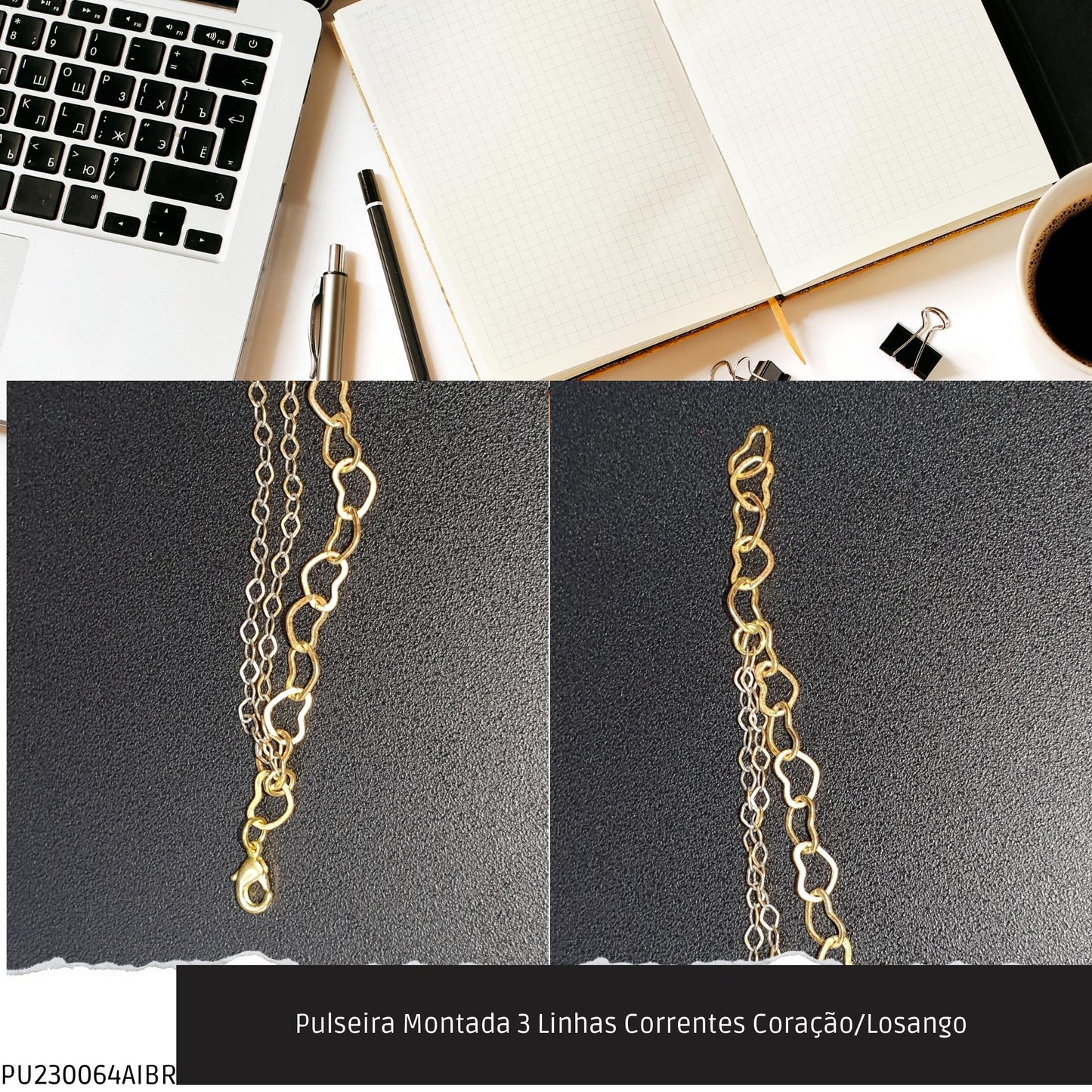 Pulseira Montada 3 Linhas Correntes Coração/Losango   - Código.: PU230064AIBR  - Peso.: 3.8 gr