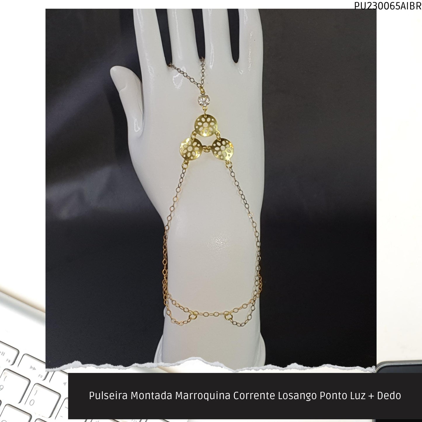 Pulseira Montada Marroquina Corrente Losango Ponto Luz + Dedo  - Código.: PU230065AIBR  - Peso.: 3.8 gr
