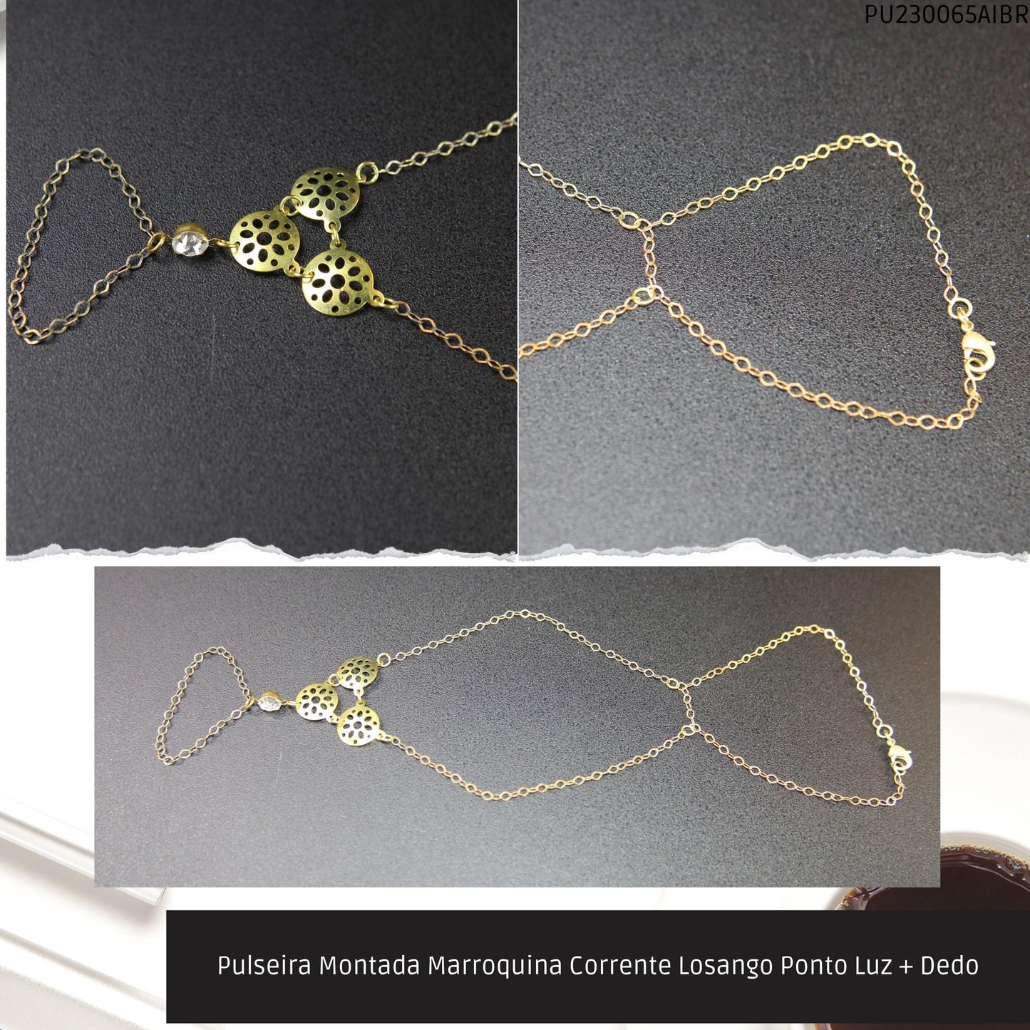 Pulseira Montada Marroquina Corrente Losango Ponto Luz + Dedo  - Código.: PU230065AIBR  - Peso.: 3.8 gr