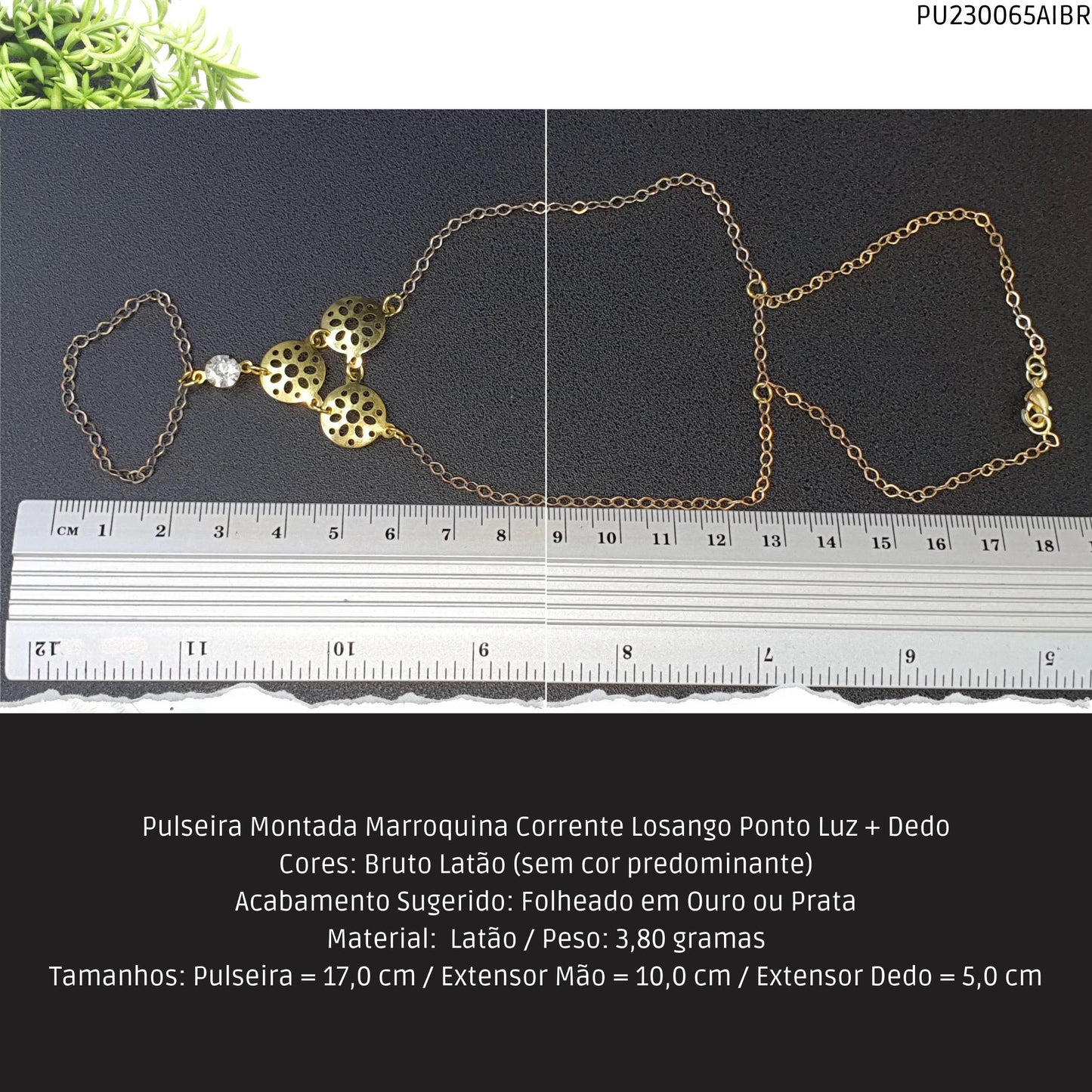 Pulseira Montada Marroquina Corrente Losango Ponto Luz + Dedo  - Código.: PU230065AIBR  - Peso.: 3.8 gr