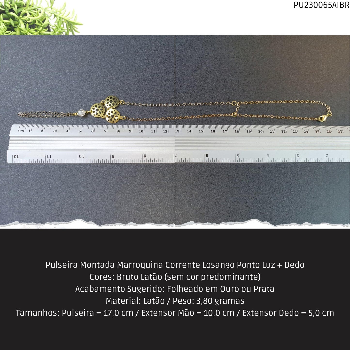 Pulseira Montada Marroquina Corrente Losango Ponto Luz + Dedo  - Código.: PU230065AIBR  - Peso.: 3.8 gr