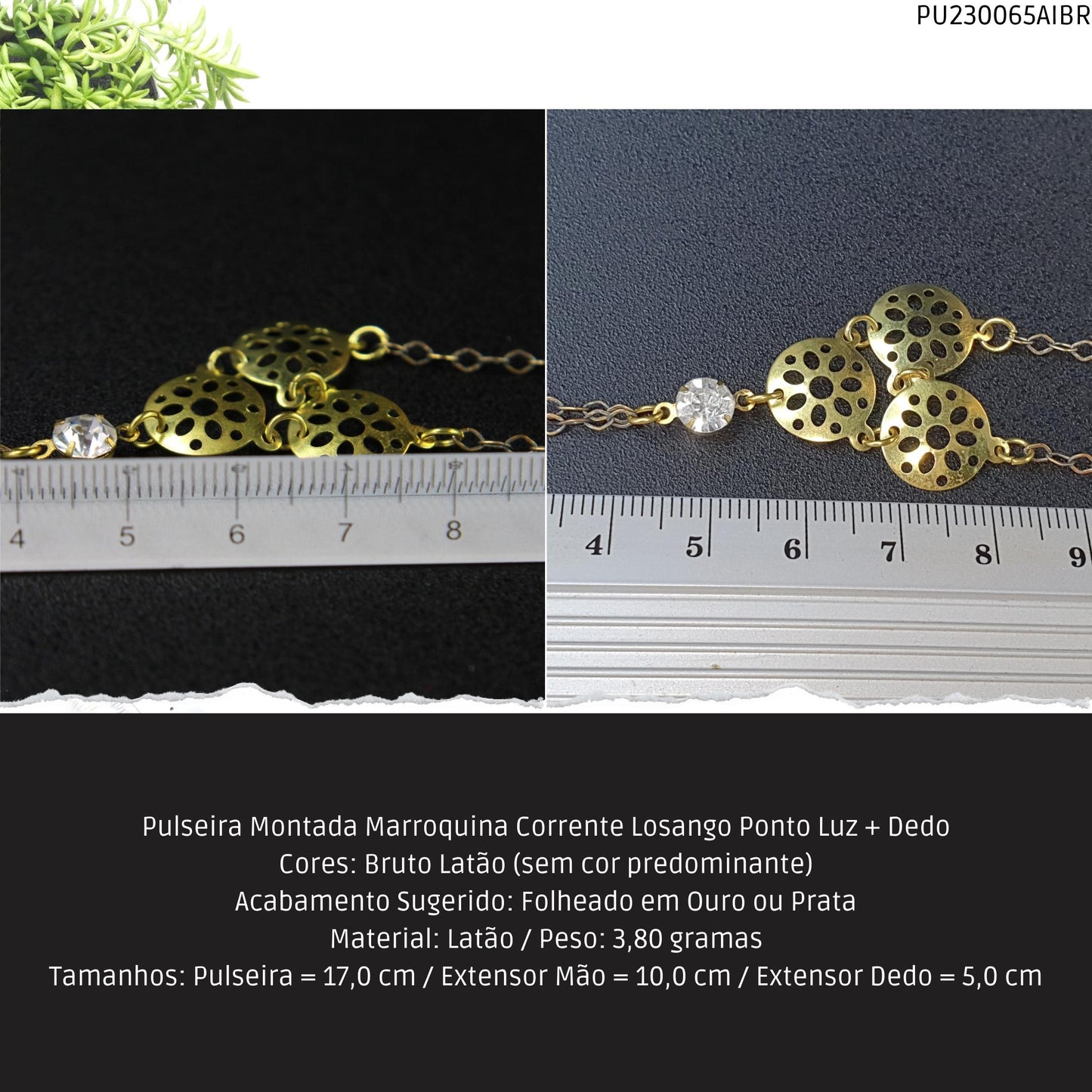 Pulseira Montada Marroquina Corrente Losango Ponto Luz + Dedo  - Código.: PU230065AIBR  - Peso.: 3.8 gr